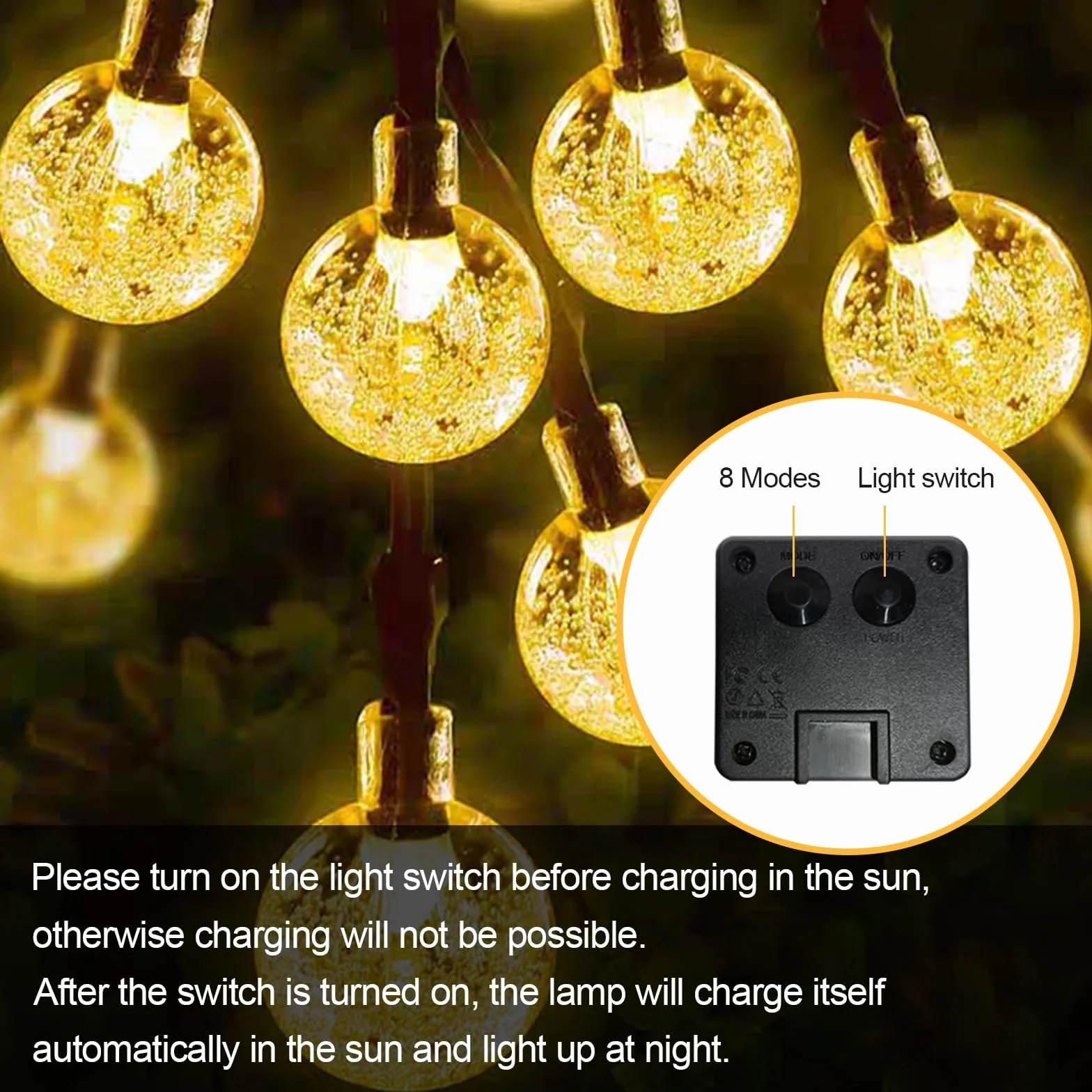 LQWELL® Słoneczne wróżki do ogrodu na zewnątrz, słoneczne łańcuchy świetlne Kryształowe kule 30LED 8 M 26FT IP44 8 trybów Wróżki do ogrodu na patio (Ciepła biel)