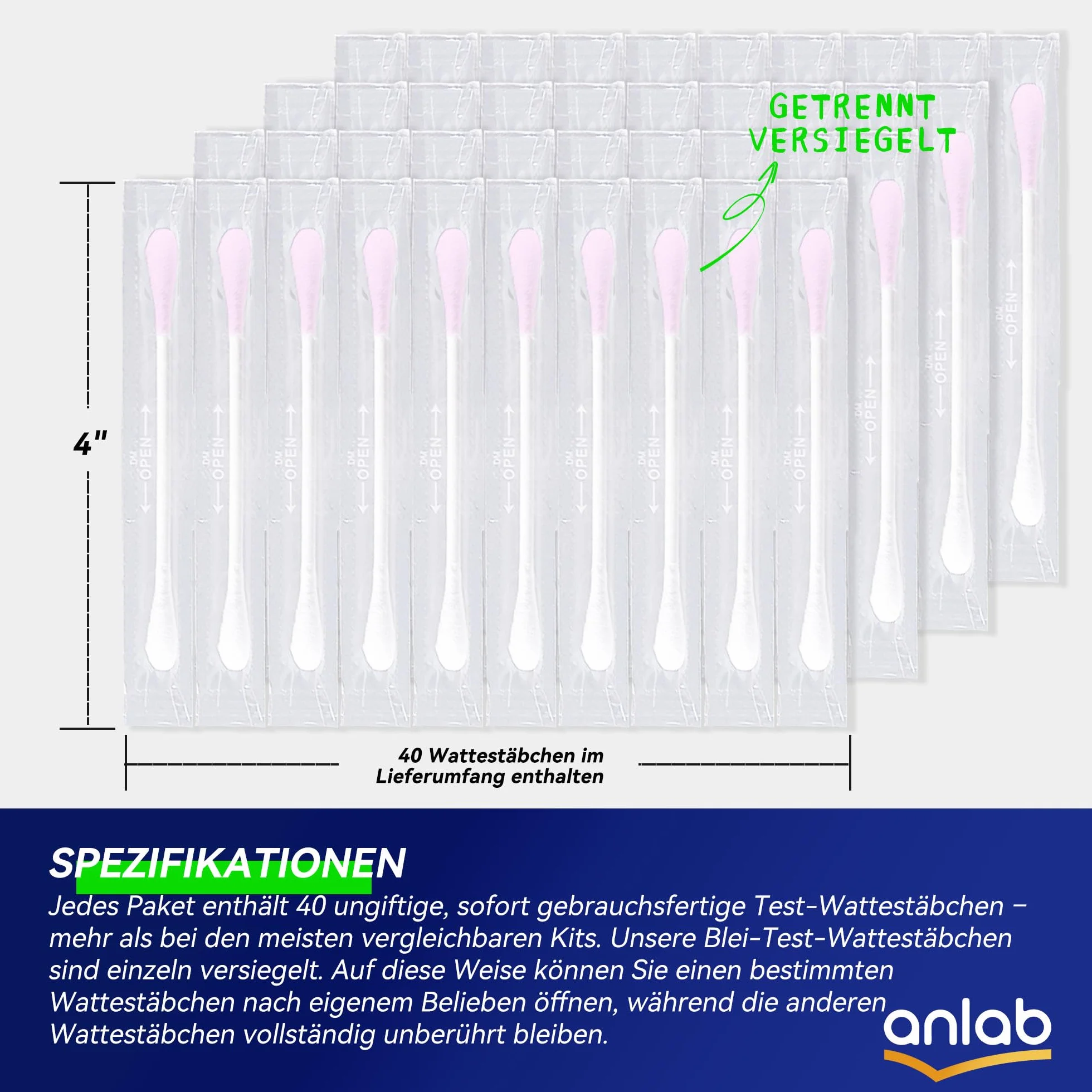 Zestaw do testowania ołowiu anlab™ | Szybkie wyniki w mniej niż 30 sekund | All-in-One, bez użycia octu | Sprawdź ołów na powierzchniach lakierowanych, drewnie, metalu i innych | Waciki bawełniane mon