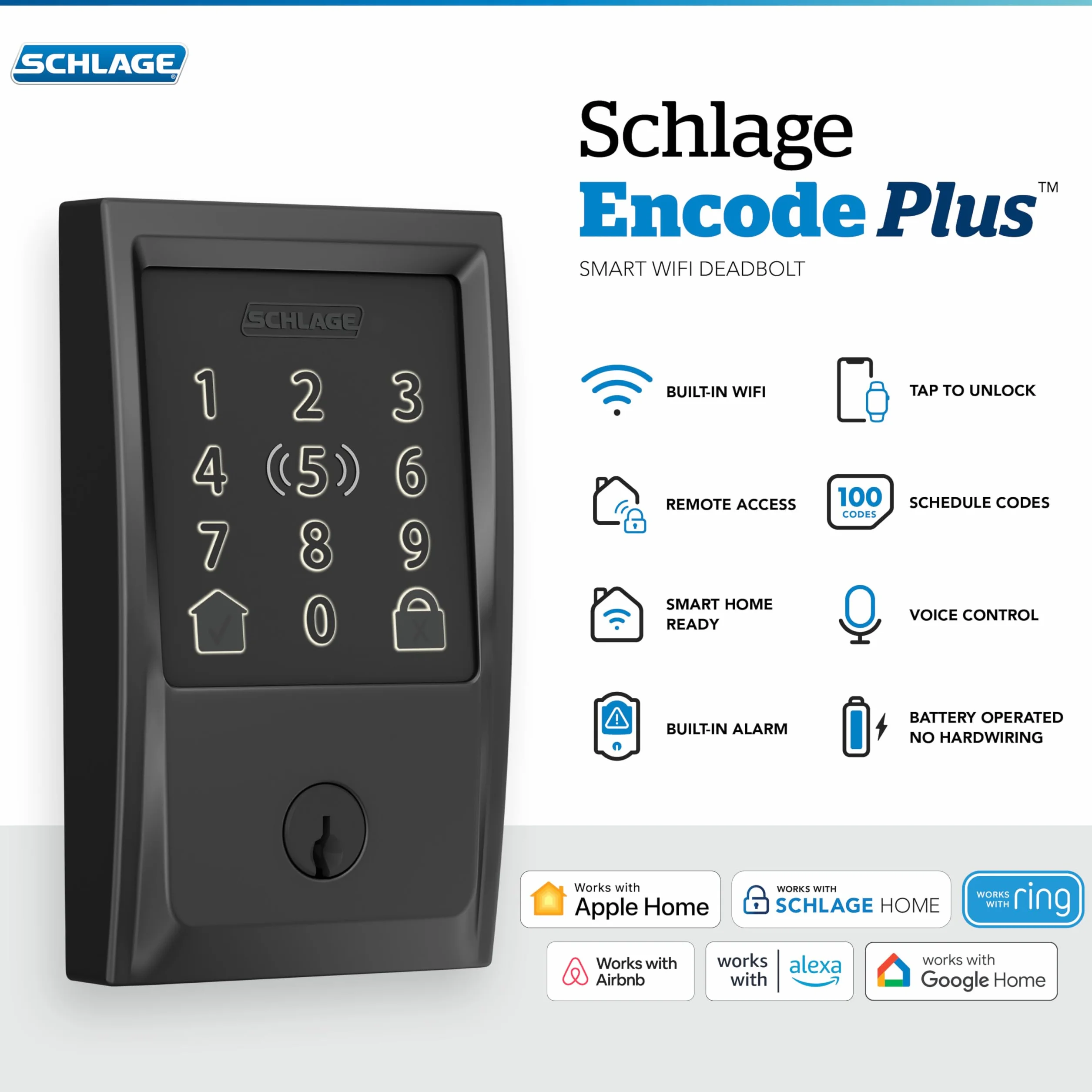 SCHLAGE BE499WB CEN 622 Encode Plus Smart WiFi zamek zasuwowy, czarny matowy