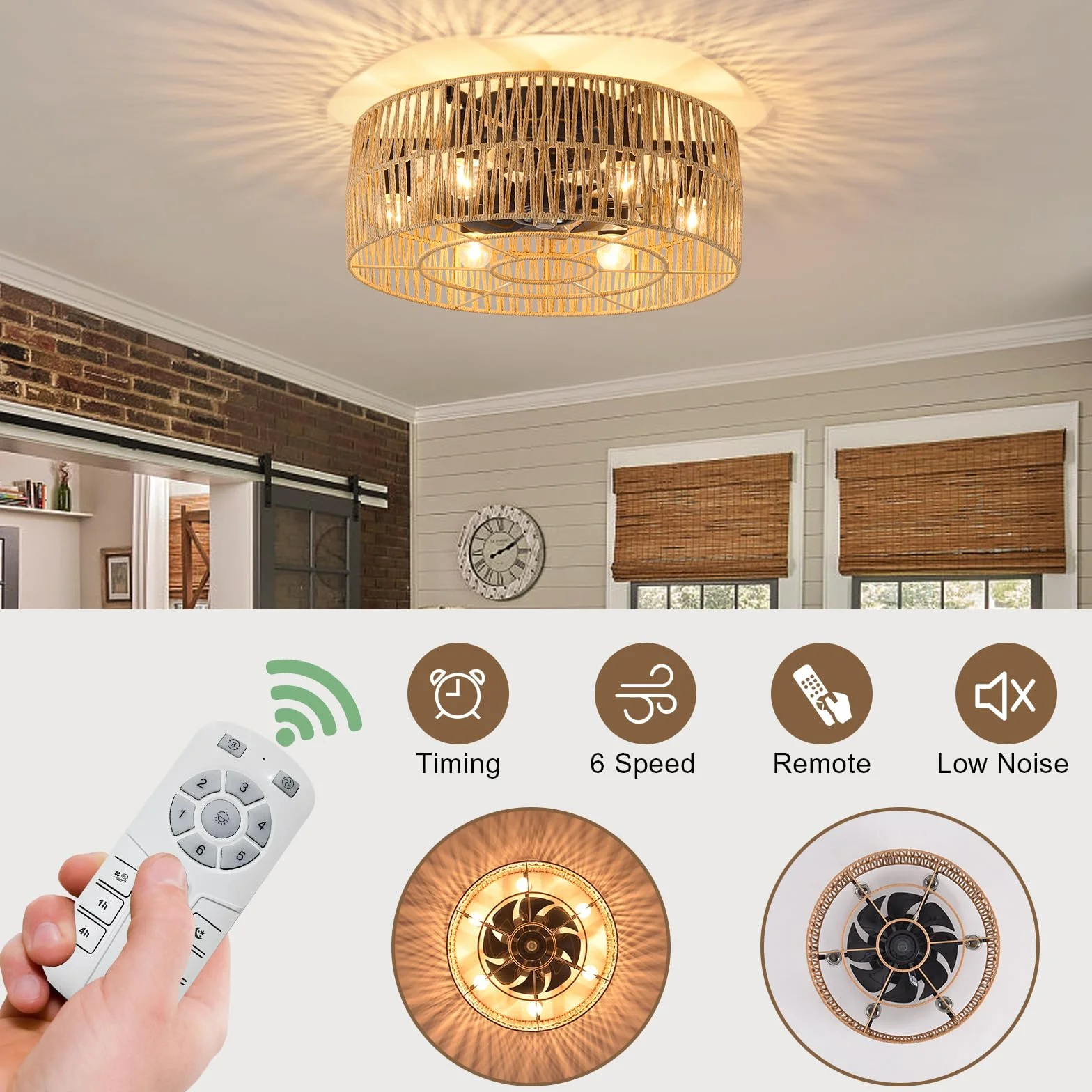 Ganeed Wentylatory sufitowe z oświetleniem Wentylator sufitowy w stylu industrialnym 48cm Boho Rattan Lampa w klatce E27 podtynkowa z pilotem 6 świateł czarny