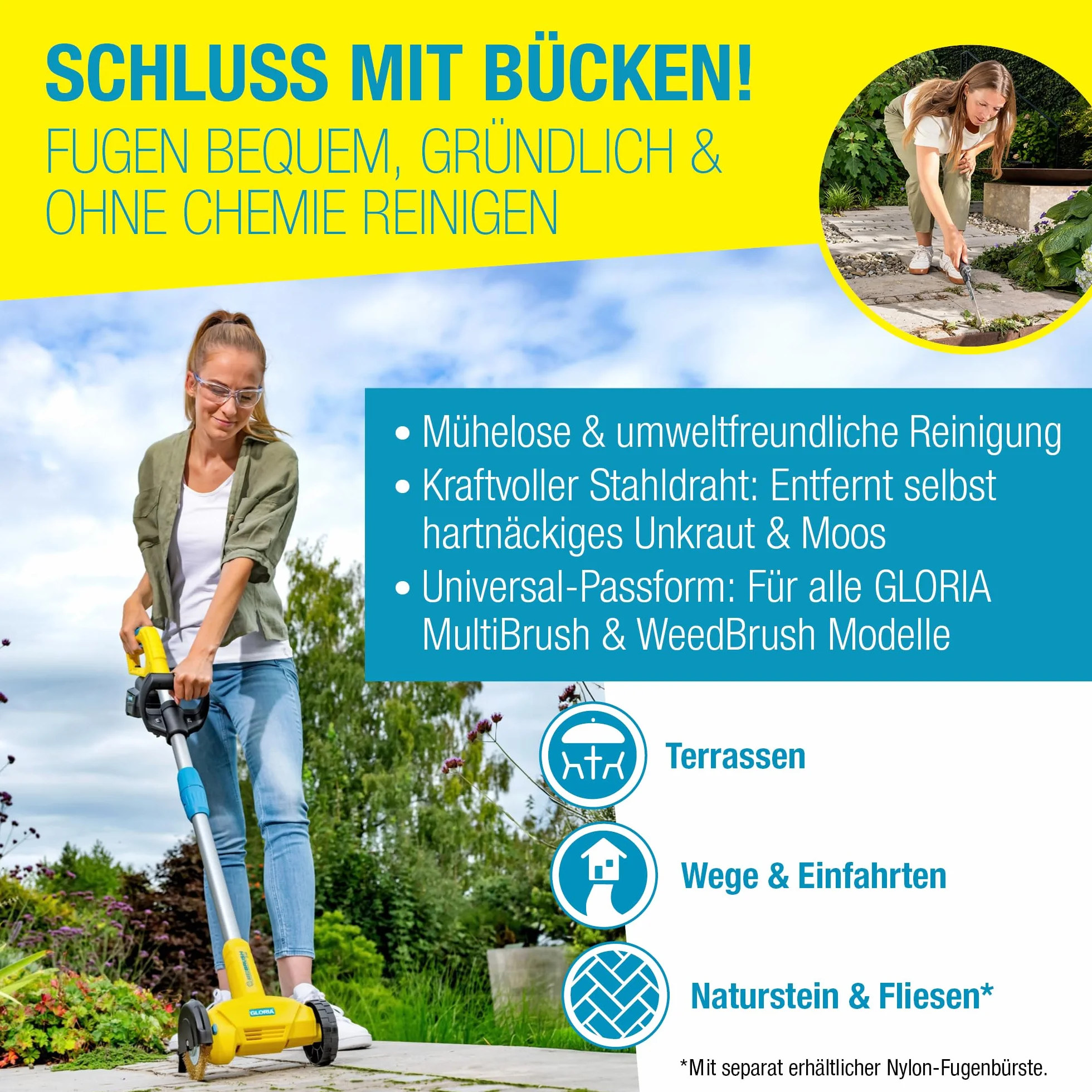 Gloria Szczotka do fug z drutu stalowego, zestaw 4 sztuk, oryginalne akcesoria, szczotki zamienne do MultiBrush i WeedBrush, szczotka druciana/mosiężna szczotka do czyszczenia fug, średnica 11 cm