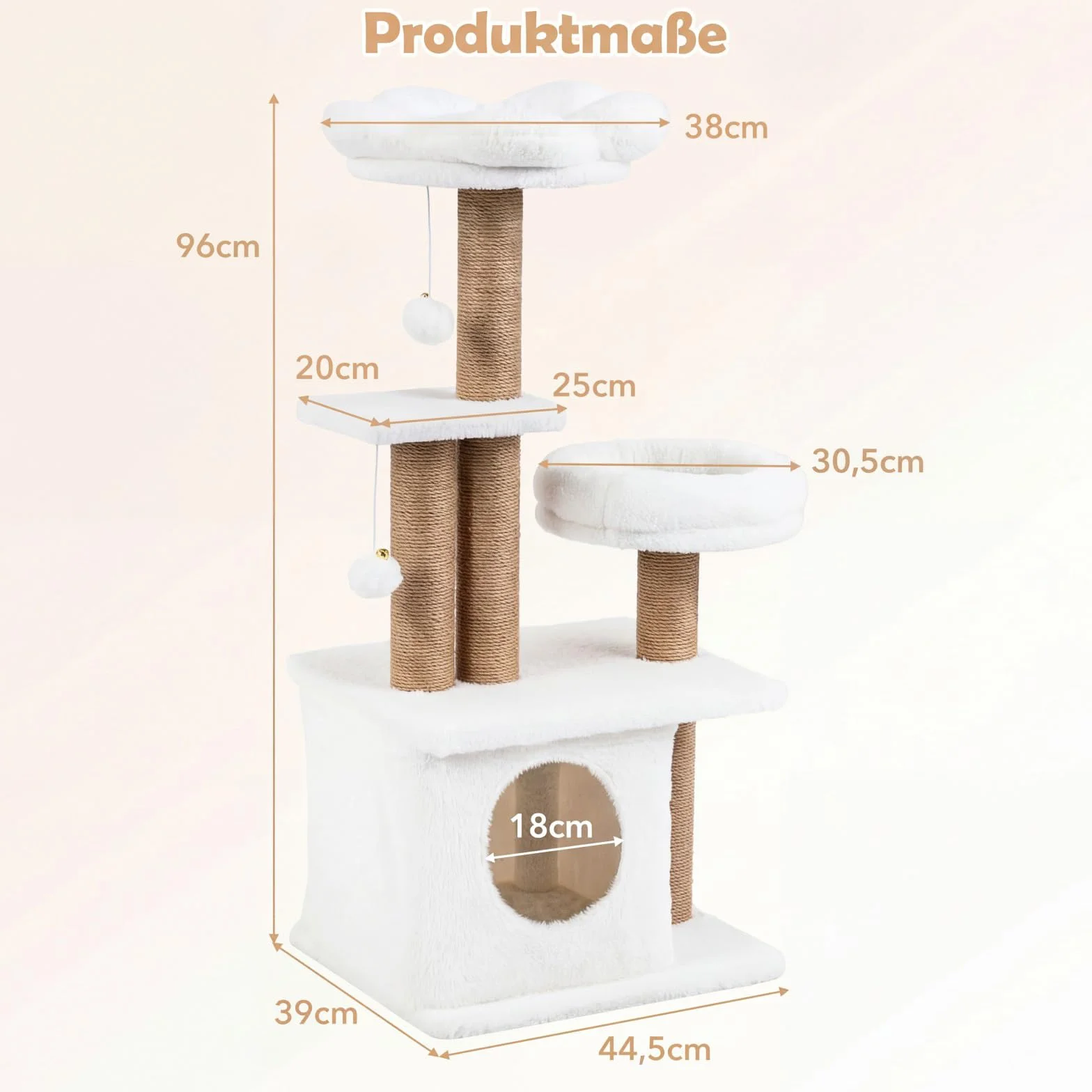 COSTWAY Drapak, 96 cm, drzewko dla kota z legowiską, platforma, łóżko, duża podstawa i 2 piłki, grube pnie z juty, drapak dla kotów, meble dla kotów, drzewo do wspinaczki (beżowe)
