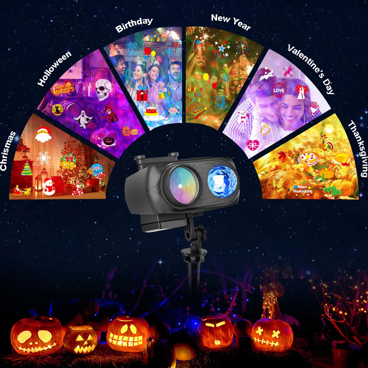 Projektor Holograficzny 2w1 na Halloween: 12 Slajdów, 8 Wzorów, 10 Kolorów z Efektem Fali. Wodoodporna Lampa z Timerem do Dekoracji Okiennych