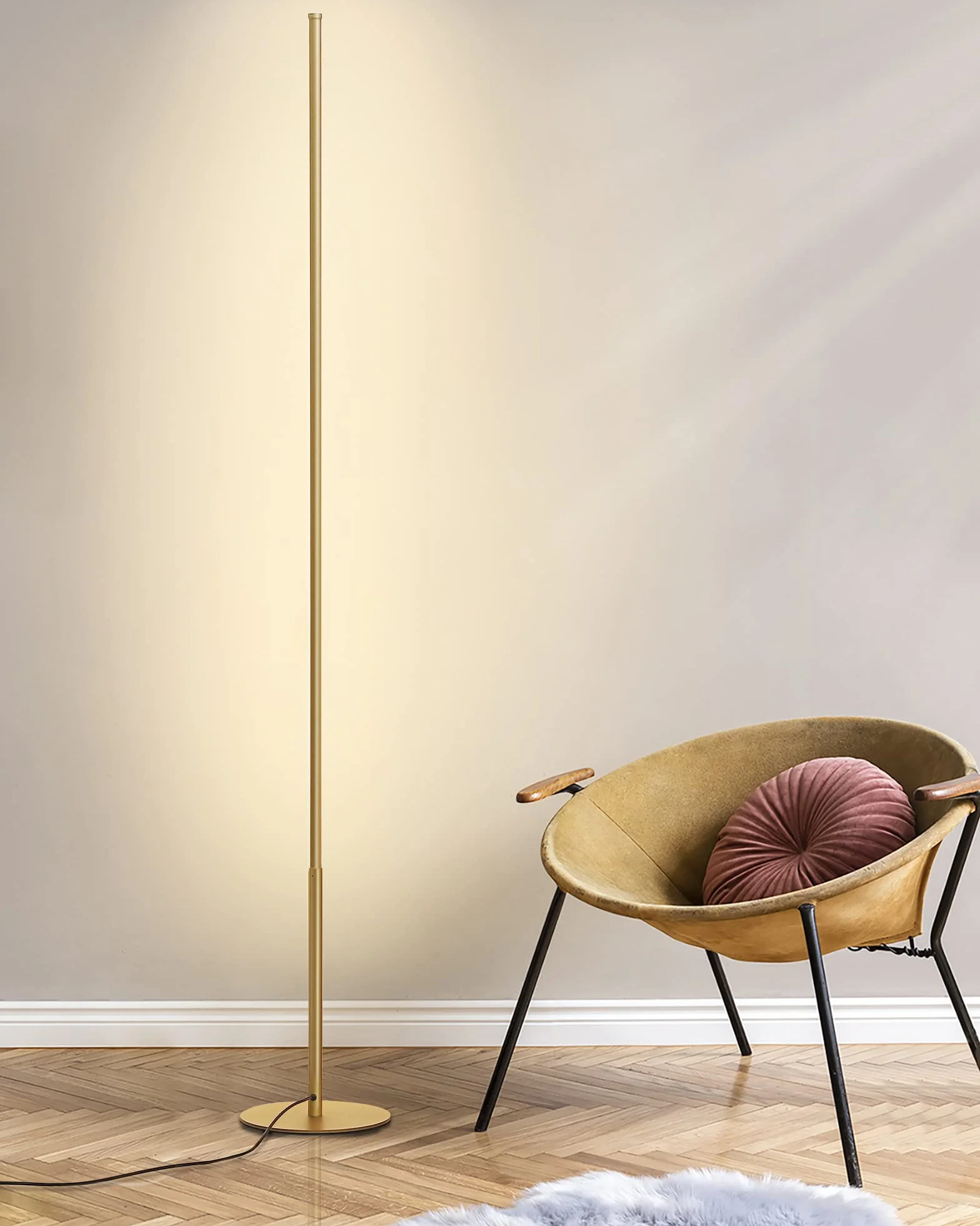 EDISHINE Lampa stojąca do salonu, ściemniana lampa stojąca LED, 3000 K ciepła biel, nowoczesna lampa podłogowa z przełącznikiem nożnym, 146 cm złota kolumna świetlna do salonu, sypialni i biura.