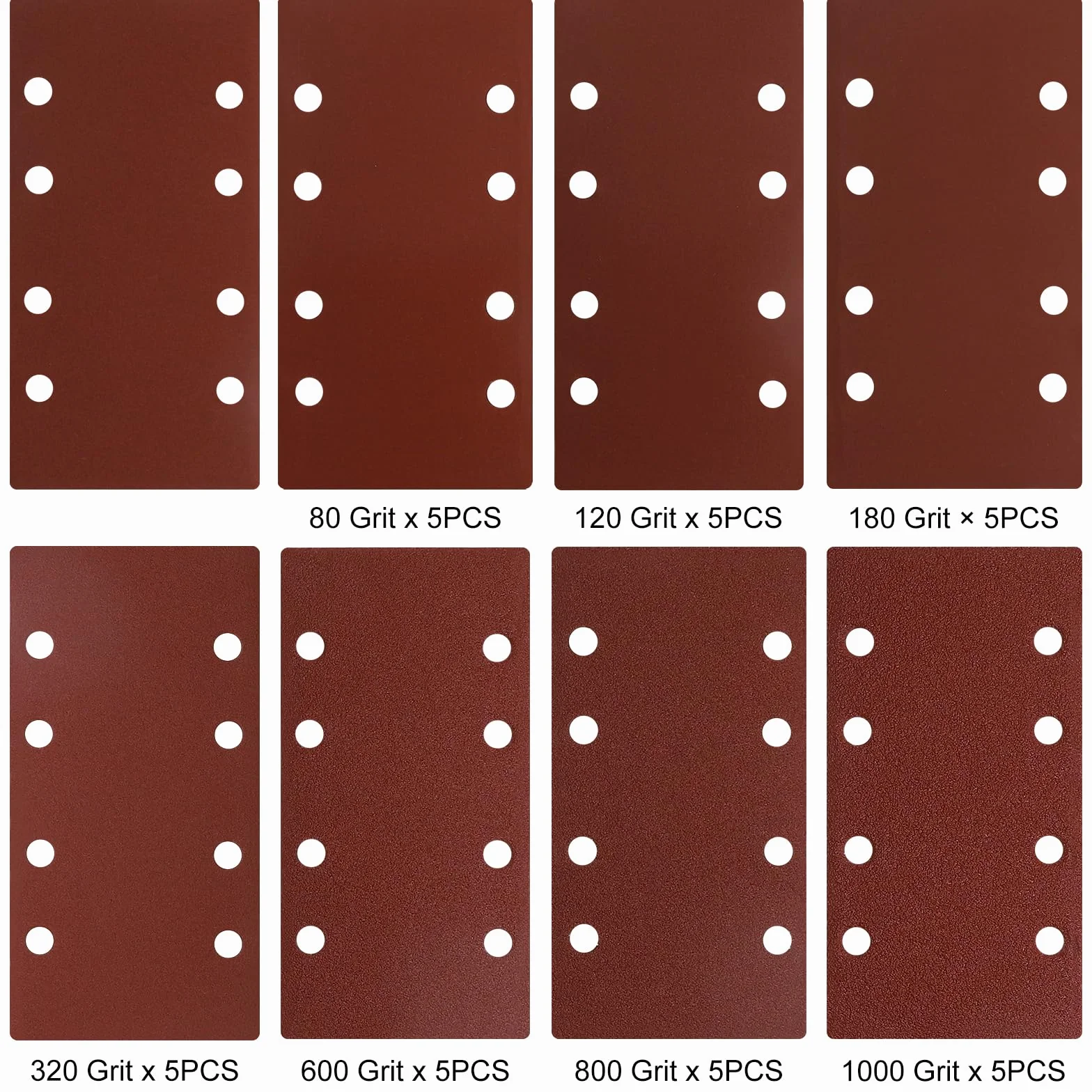 APOMOONS 40 sztuk papieru ściernego, 93 x 185 mm, 8 otworów, do drewna, metalu i koloru, ziarnistość 60/80/120/180/320/600/800/1000