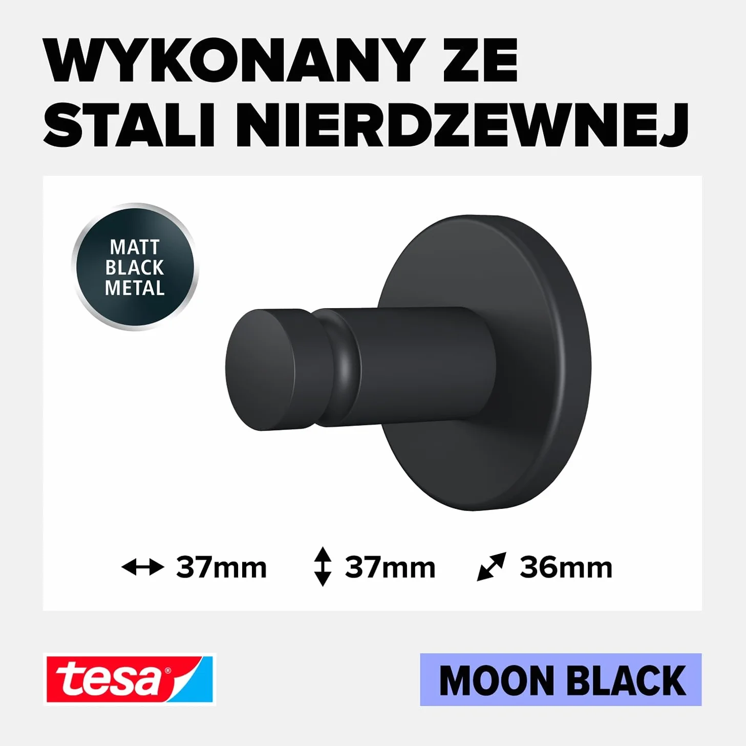 tesa MOON BLACK haczyk na ręcznik czarny mat samoprzylepny 37 mm x 37 mm x 36 mm