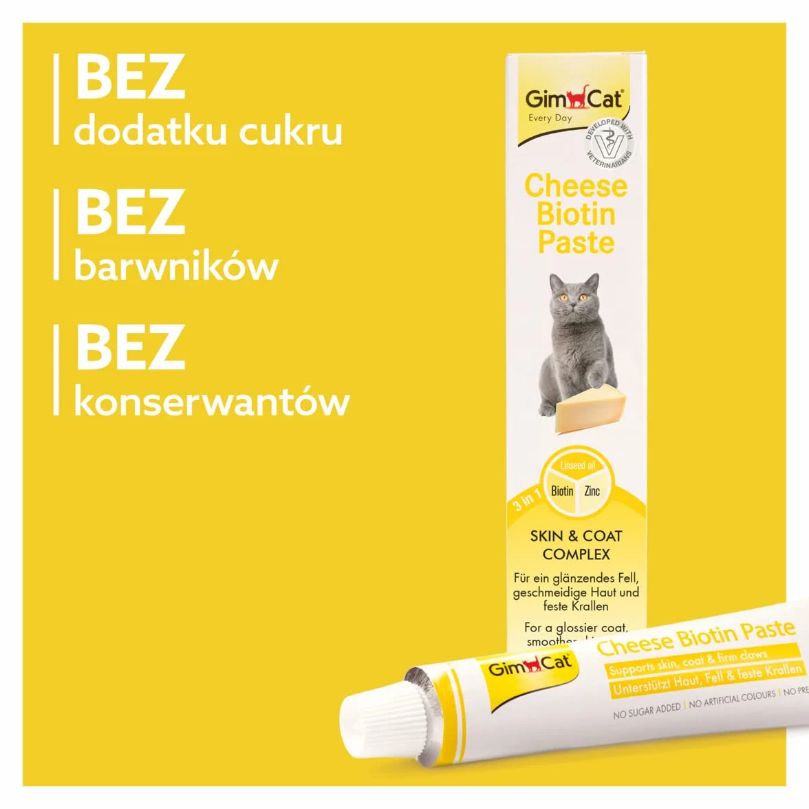 GimCat Cheese Biotin pasta serowa z biotyną - z aromatycznym serem, cynkiem i olejem lnianym dla sierści, skóry i pazurów - 1 tubka (1 x 50 g)