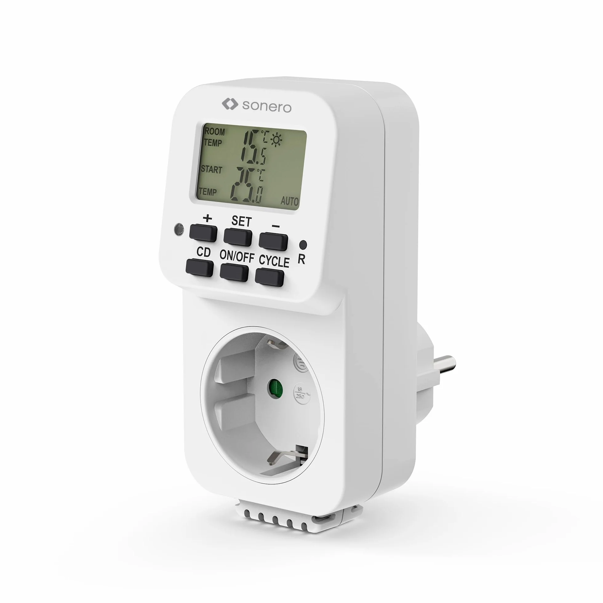 Sonero Cyfrowy termostat gniazdko, regulator temperatury, ogrzewanie, chłodzenie, sterowany czasowo z wewnętrznym czujnikiem, do terrarium, szklarni, pieca wędzarniczego, jako czujnik mrozu, 3600 W,