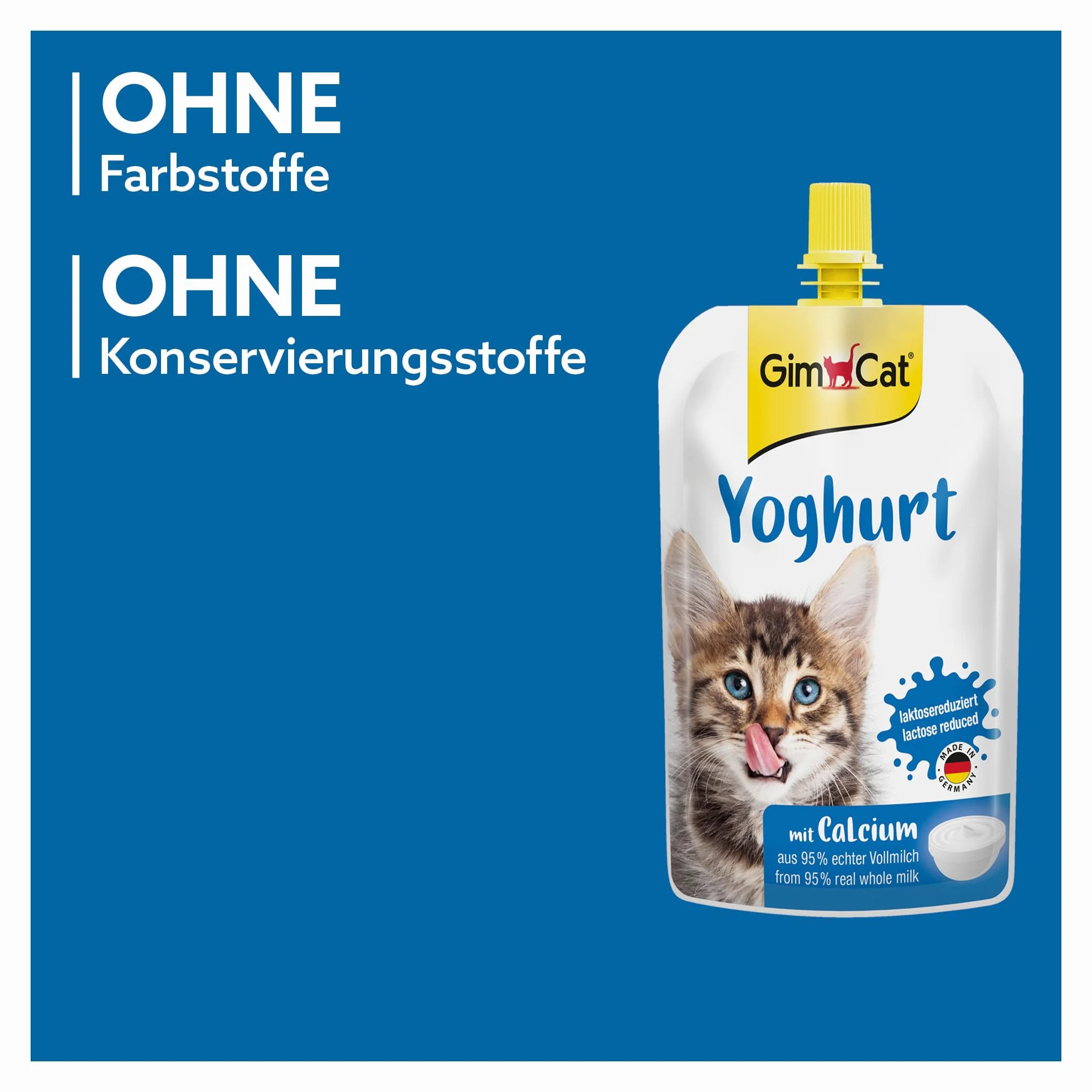 GimCat Yoghurt - Przysmak dla kotów o obniżonej zawartości laktozy, przygotowany z pełnego mleka z dodatkiem wapnia z myślą o zdrowiu kości - 1 worek (1 × 150 g)