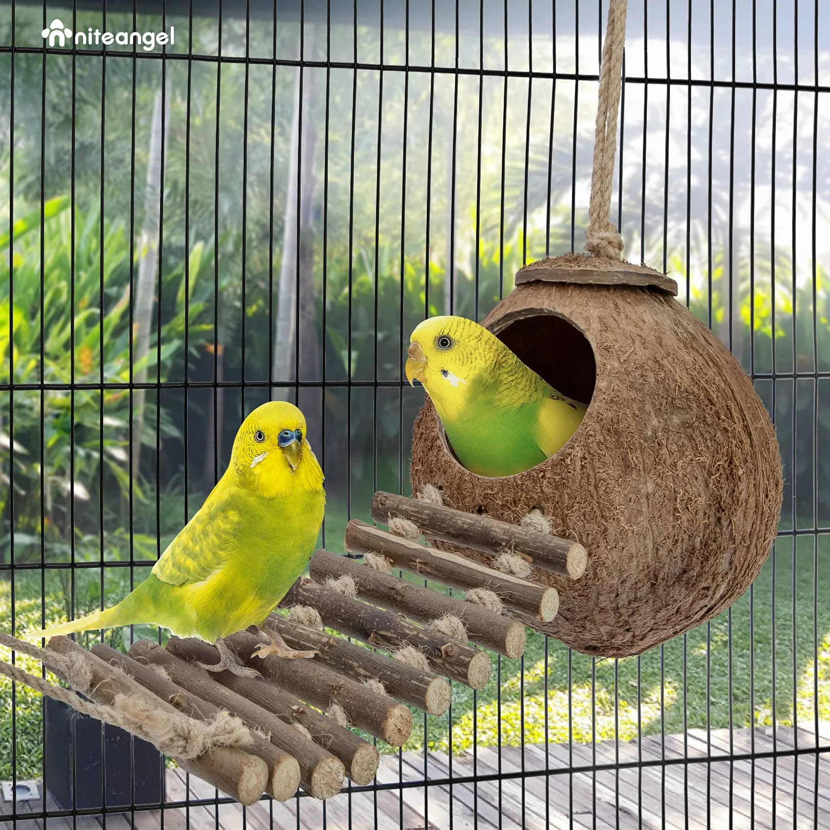 Niteangel® Naturalne gniazda dla ptaków, kryjówka kokosowa z drabiną, zabawka dla ptaków i małych zwierząt (Dom z drabiną, naturalna powierzchnia)
