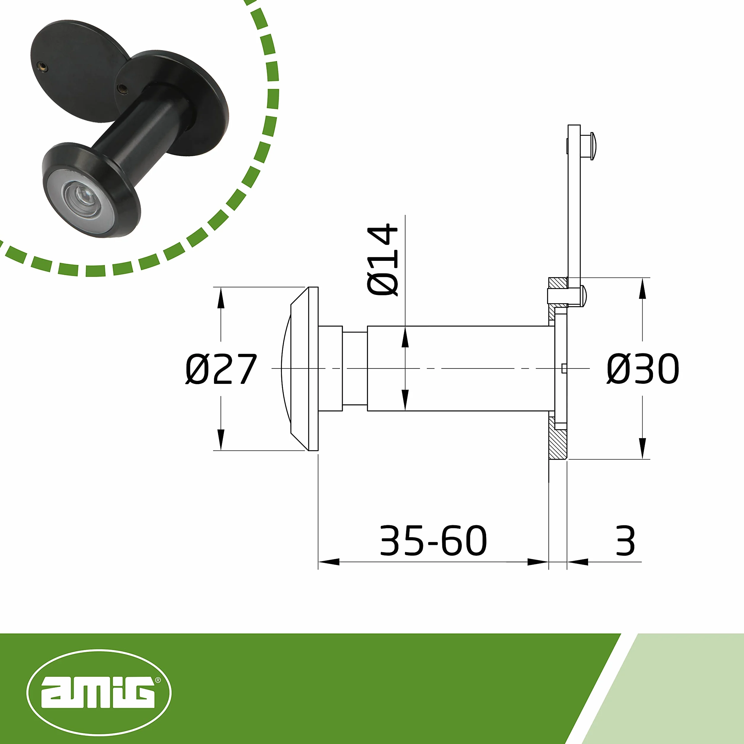 Amig - Lusterko do drzwi - Soczewka super kątowa - Łatwa instalacja - Grubość drzwi: 35-60 mm - Średnica: 14 mm - Wykończenie: matowa czerń