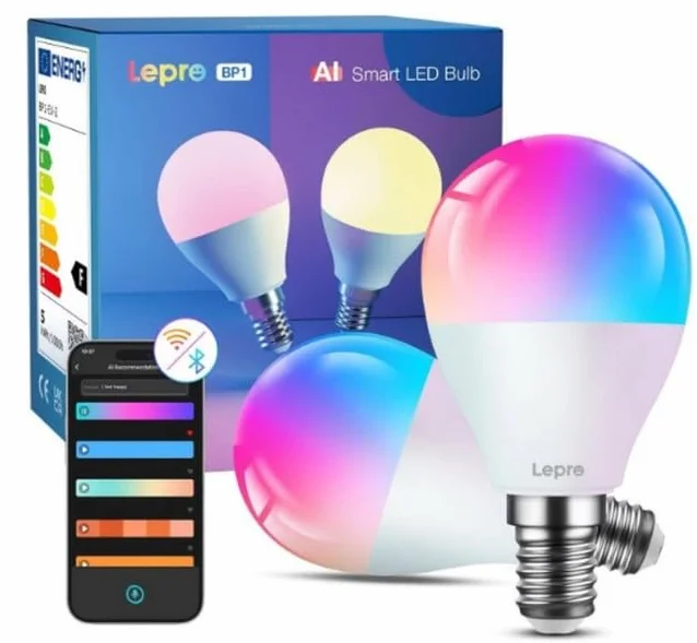 Lepro BP1 AI inteligentna żarówka E14 RGBWW, współpracuje z Alexa i Google Assistant, synchronizacja muzyki, zmiana kolorów, 4,9 W = 40 W, ściemnianie 470 lm, sterowanie głosowe za pomocą aplikacji