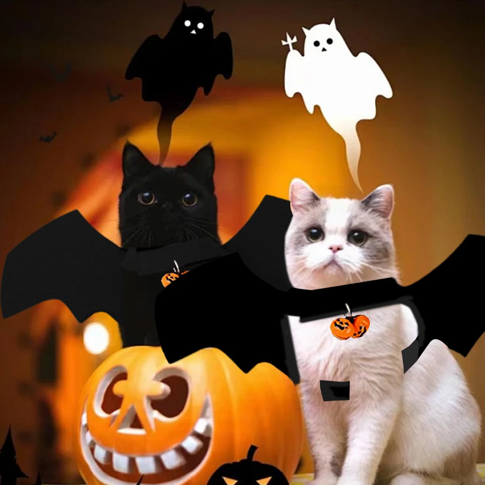 GWAWG Skrzydła nietoperza dla zwierząt domowych, kostium na Halloween, regulowane skrzydła wampira z dzwonkami dyniowymi, fantazyjny strój dla kota, psa, na Halloween, cosplay, urocze akcesoria