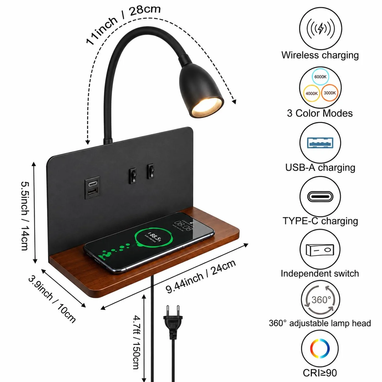 lampa ścienna LED do wnętrz z wtyczką, lampa ścienna do sypialni z portami USB i bezprzewodową ładowarką, regulowana i elastyczna lampa do czytania z gęsią szyją, lampka nocna 3000 K z podświetleniem