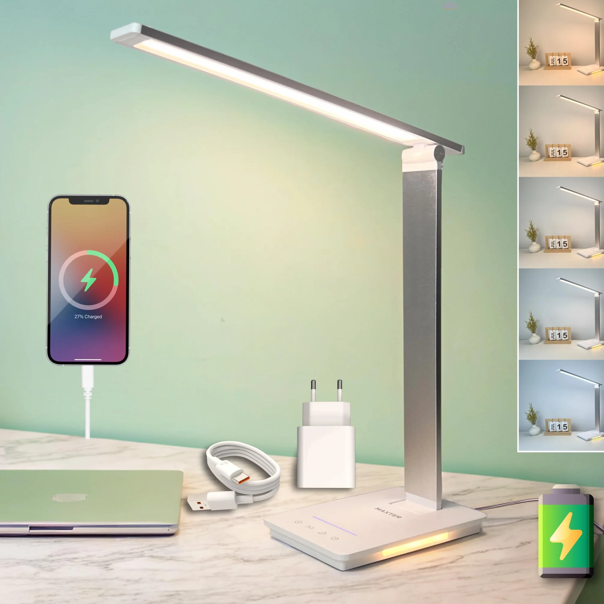 Maxter Potężna lampa biurkowa LED - akumulatorowa lampka nocna do czytania (6 W, 550 lumenów, port USB, 5 poziomów jasności i 5 kolorów, timer 30 min, tryb odtwarzania)