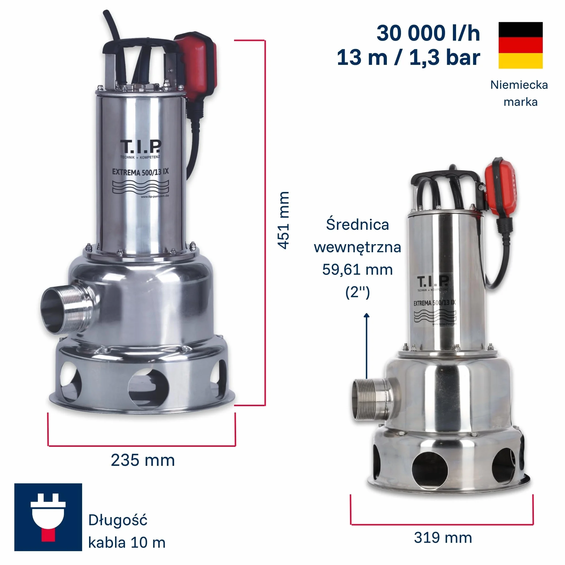 T.I.P. Pompa zanurzeniowa do brudnej wody Extrema 500/13 IX 30000 l/h 13m 1800W 45mm 95°C