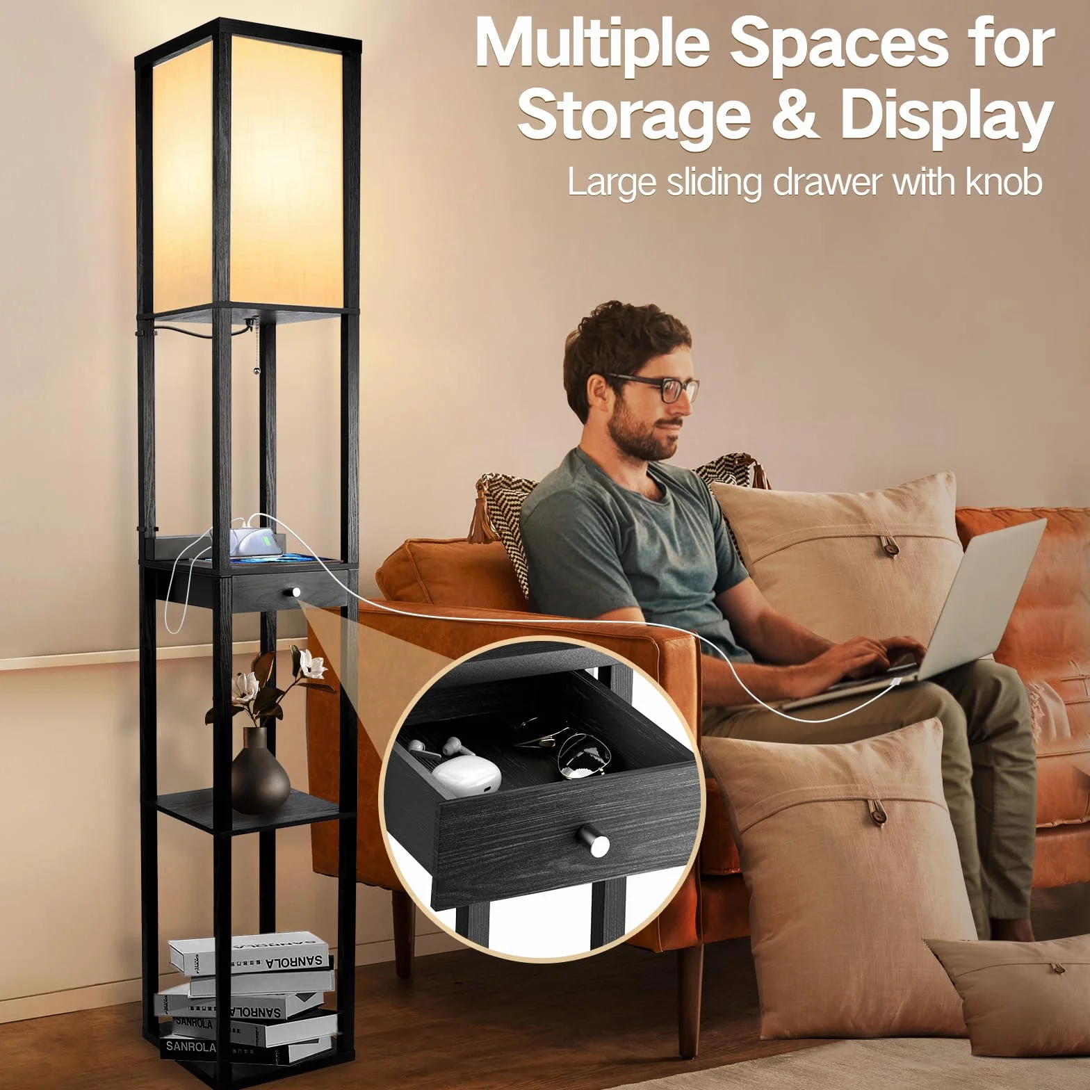 OUTON Lampa stojąca LED z szufladą, 3 temperatury barwowe, lampa stojąca z 2 portami USB, lampy stojące do salonu, sypialni, biura (czarna)