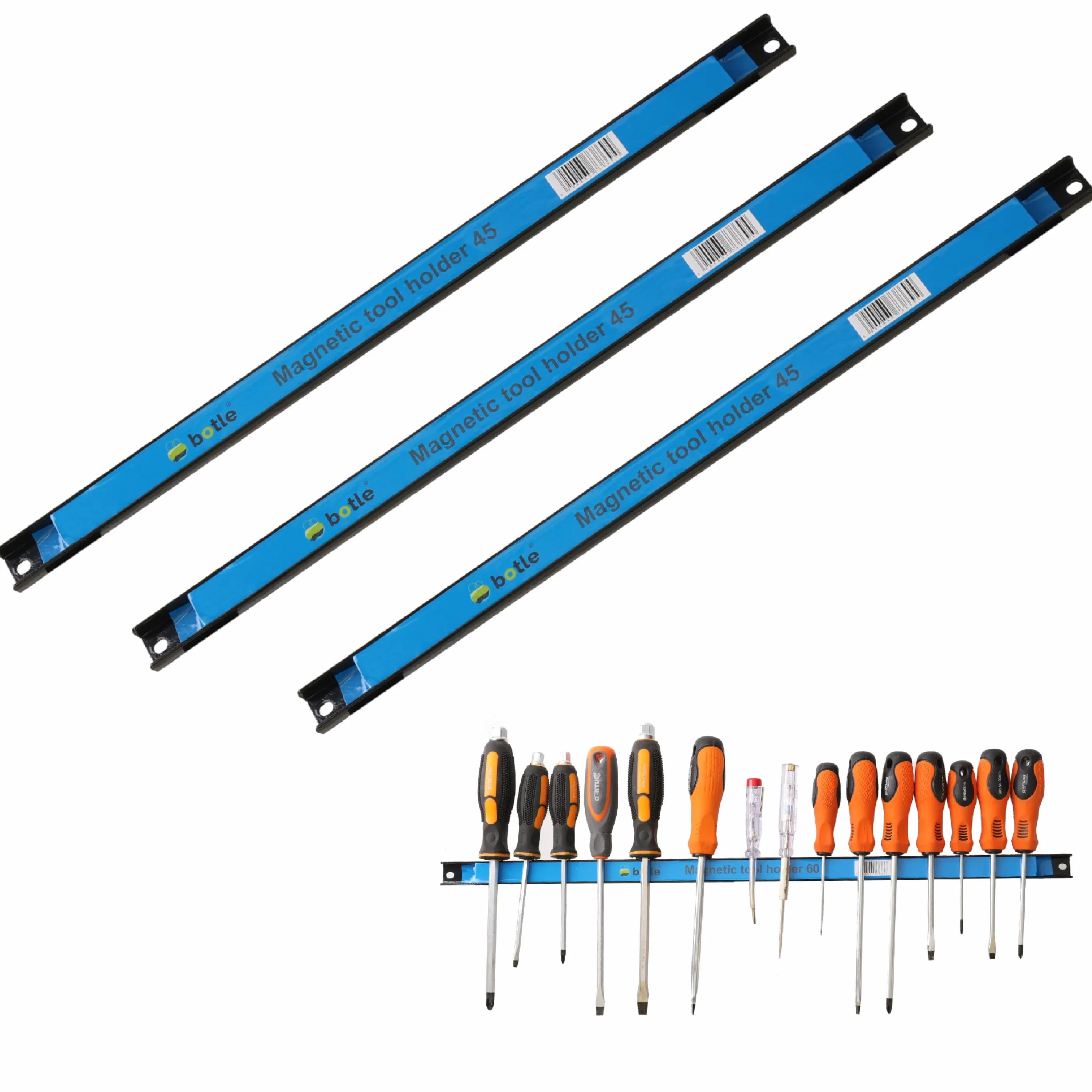 3 x Magnetyczny uchwyt narzędziowy z metalowymi paskami o długości 45 cm, kolor czarny, mocny magnes, z otworami montażowymi, wkrętami i kołkami w zestawie, do śrubokrętów, szczypiec, wierteł i innych