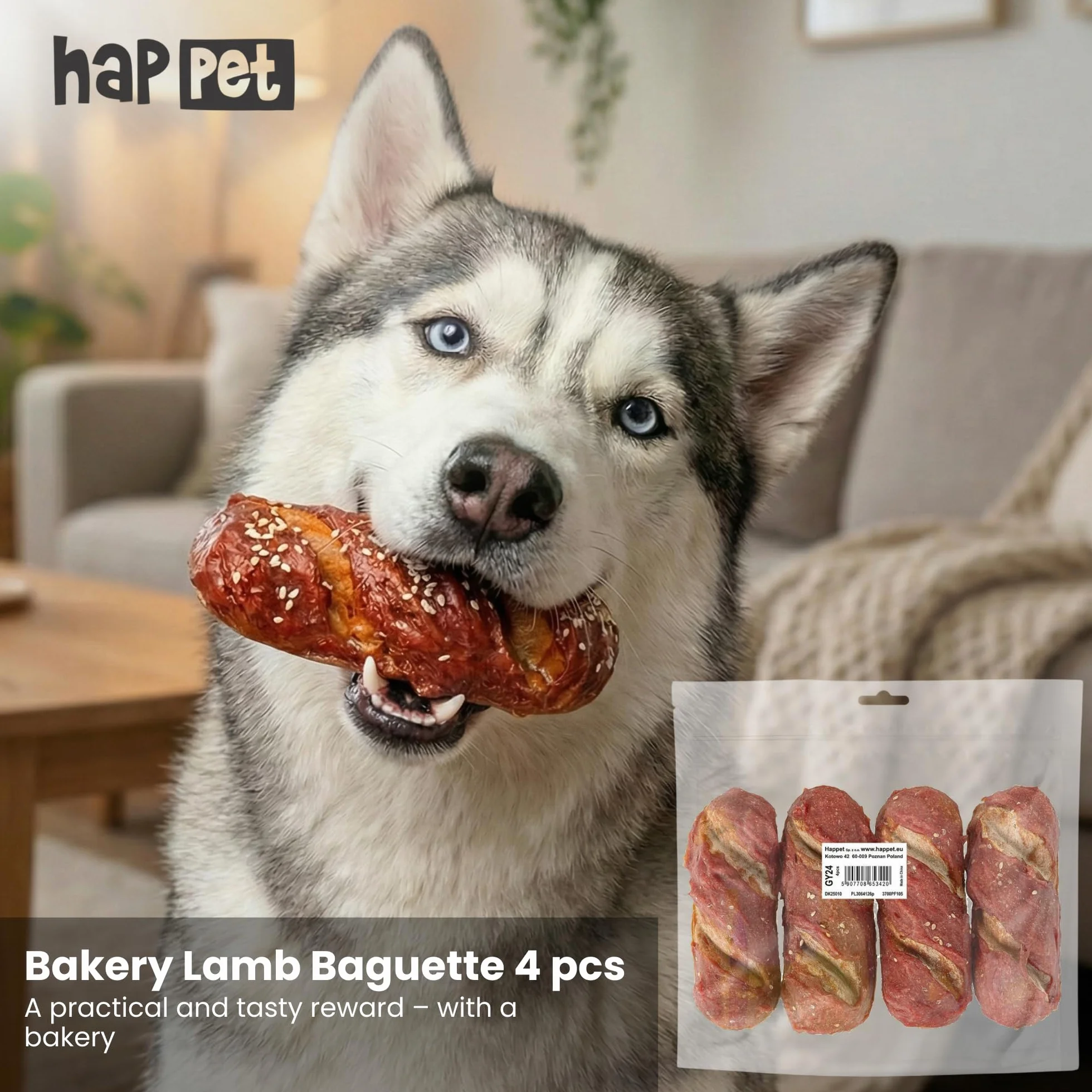 HAPPET® Bagietka z jagnięciną dla psa – 4 sztuki – naturalne przysmaki z mięsem jagnięcym i surową skórą – lekkostrawne piekarnicze przekąski