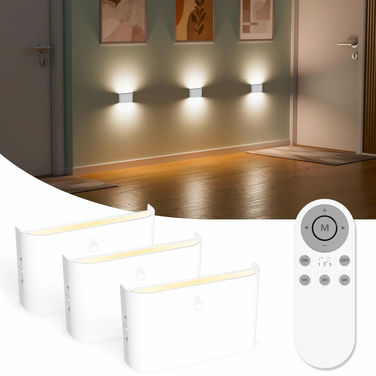 ENUOTEK LED Oświetlenie Schodowe, Lampki Nocne na Ścianę z Akumulatorem, 3 Lampki i 1 Pilot, Lampy Schodowe z Regulacją Jasności, Regulowane Barwy Światła, do Korytarza Sypialni Pokoju Dziecięcego