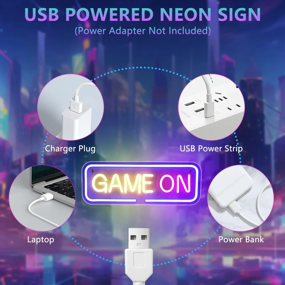 Neonowe światło LED GAME ON, szyld USB do gry, dekoracja ścienna