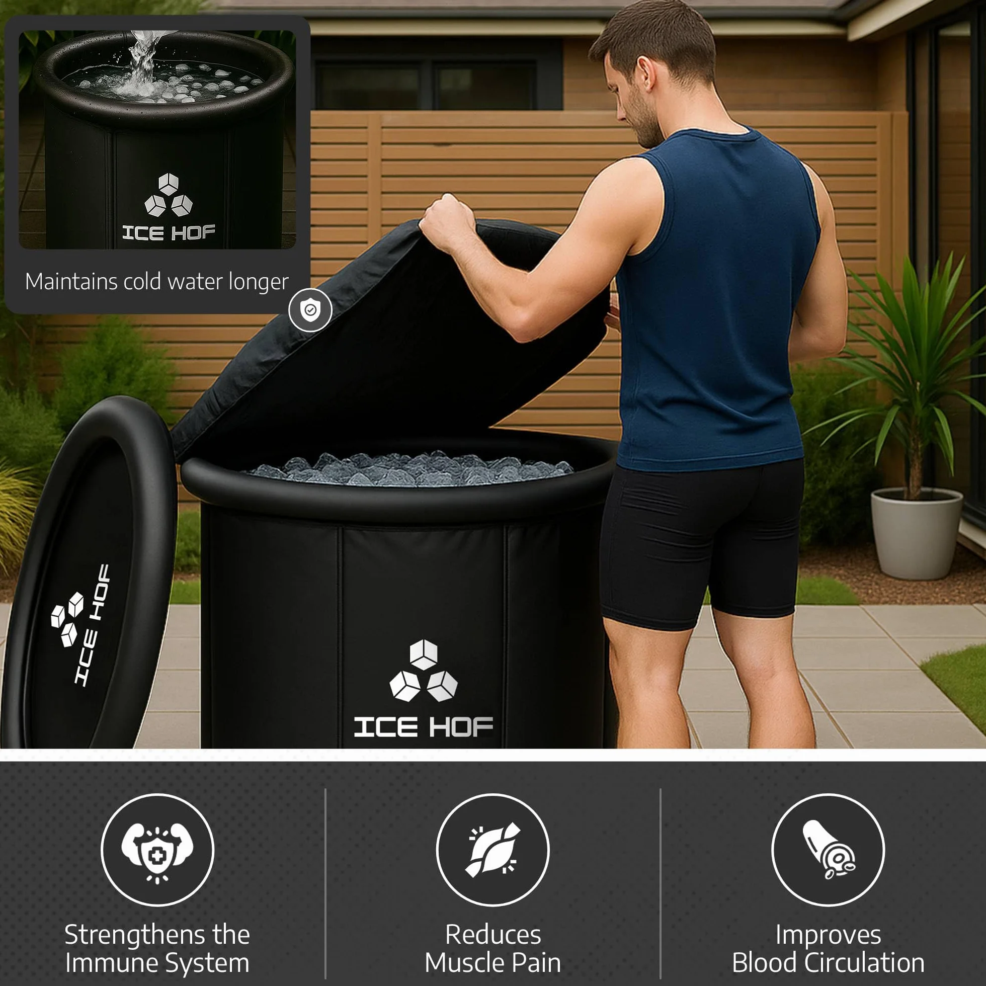 Ice Hof Ice Bath Tub Ø80x80 cm Portable Cold Plunge Barrel for Recovery Wellness Cryotherapy