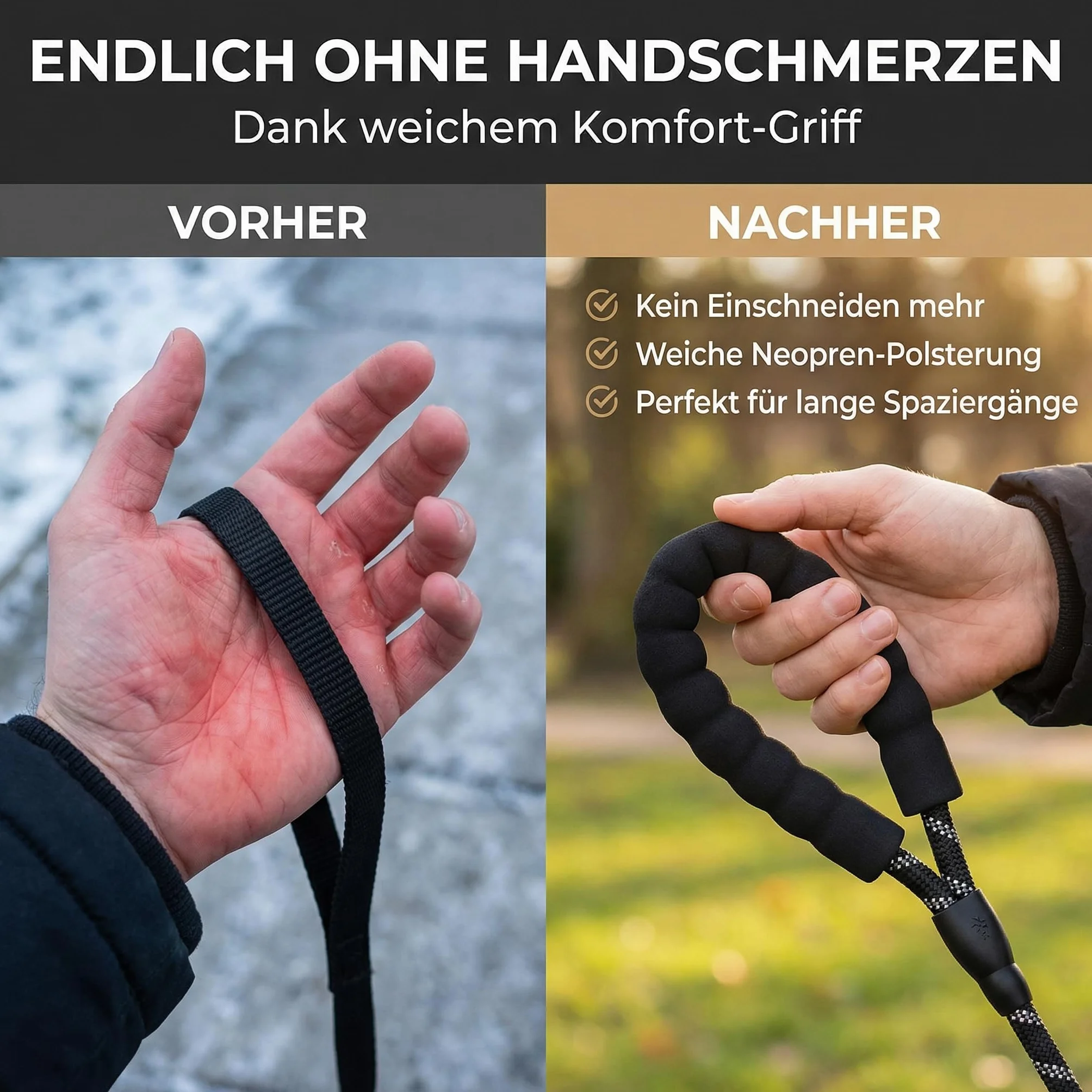 HUND IST KÖNIG Smycz dla psa, na spacery i treningu, z miękkim uchwytem i elementami odblaskowymi, idealna smycz do noszenia na co dzień dla psów o wadze 10-25 kg (True Black, 3,0 x 1,2 cm)