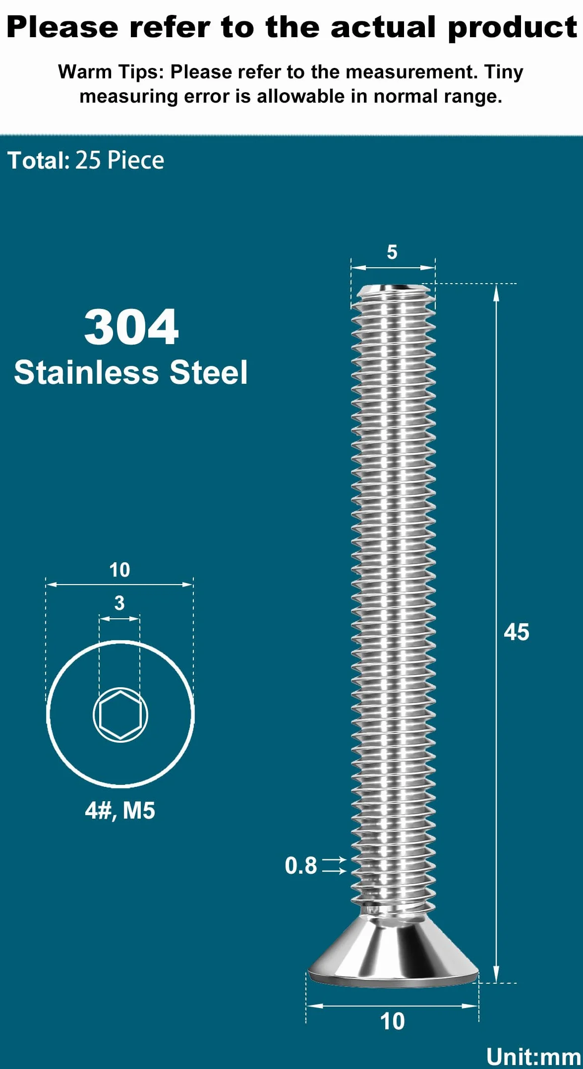 Drenky 25 sztuk śrub z łbem wpuszczanym M5 X 45mm Stal szlachetna V2A VA A2 z zagłębionym łbem DIN 7991 / ISO 10642 Śruba stal nierdzewna srebrna z wewnętrznym sześciokątem Śruba z łbem wpuszczanym