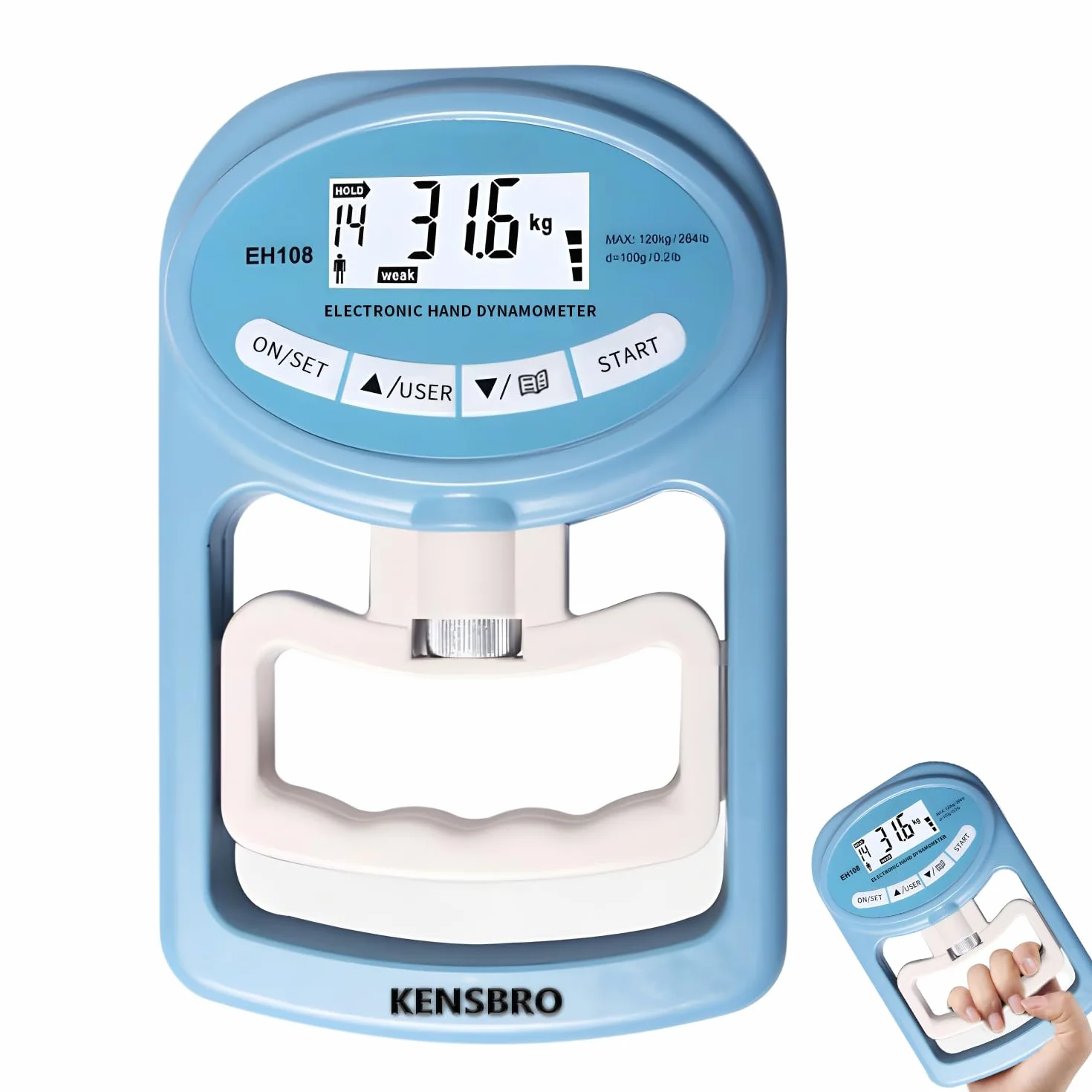 Cyfrowy miernik siły ręcznej 120 kg/264 lb, dynamometr cyfrowy, elektroniczny dynamometr ręczny, elektroniczny uchwyt, ekran LED, dynamometr z kablem USB do ładowania