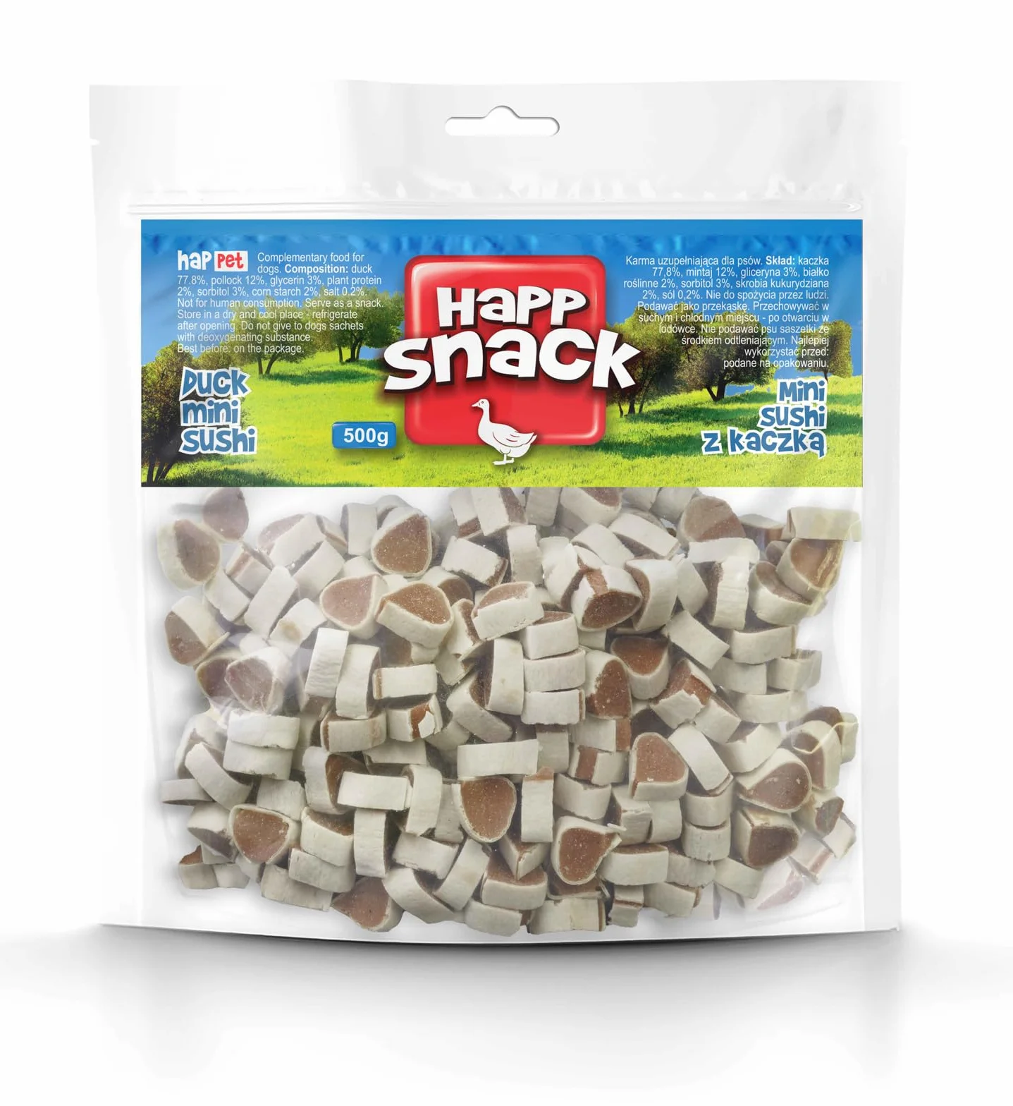 HAPPET® Mini sushi z kaczką dla psa 500 g – zdrowa przekąska, wysokobiałkowy smakołyk do żucia, lekkostrawny przysmak dla szczeniąt, seniorów i małych psów