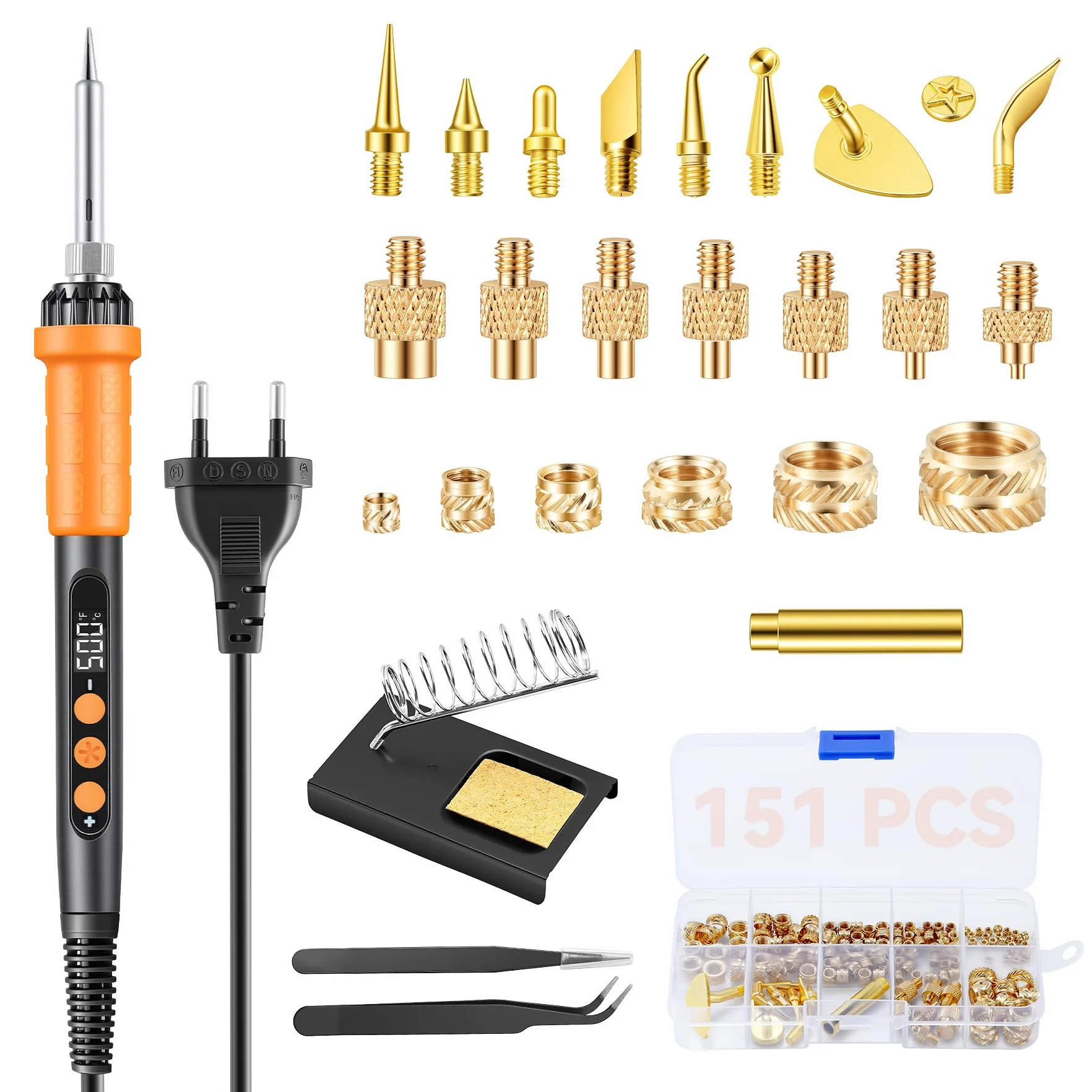 Zestaw 151 końcówek do lutowania, 90 W, cyfrowa regulacja temperatury, wkładka gwintowana M2-M8 do druku 3D, groty lutownicze M2-M8 + stojak, pęseta + głowica adaptera malarskiego