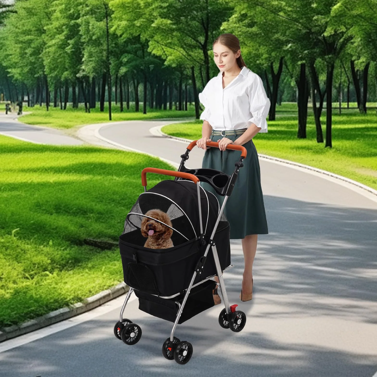 Wózek dla psa 3 w 1, składany wózek dla psa, do 20 kg, wózek dla psa z uniwersalnym kołem 360° z hamulcem, kosz do przechowywania, okno z siatki, uchwyt na kubek i regulowany uchwyt, dla psów kotów
