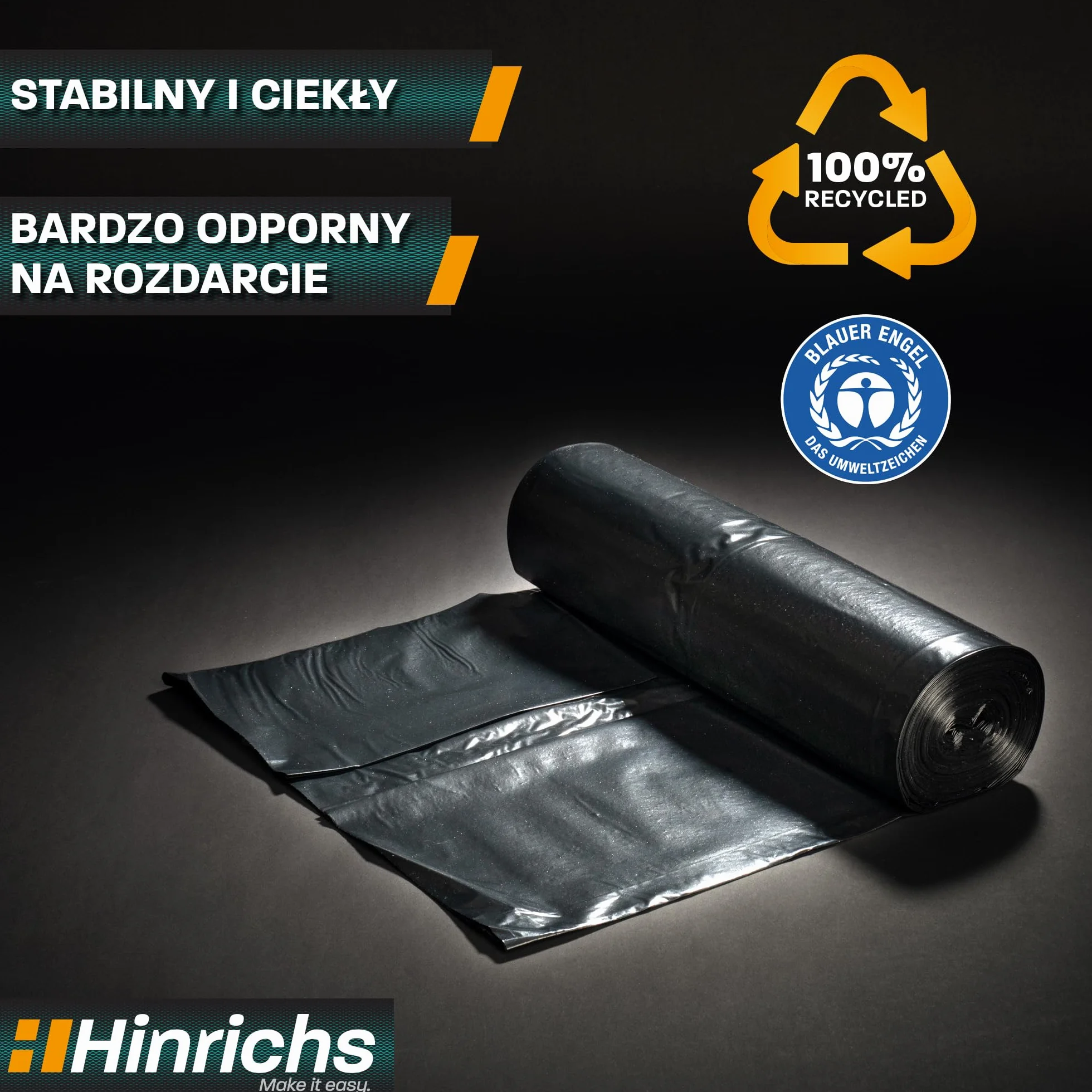 Hinrichs Worki na śmieci 240 l 100 x 125 cm rolka 15 sztuk czarne LDPE