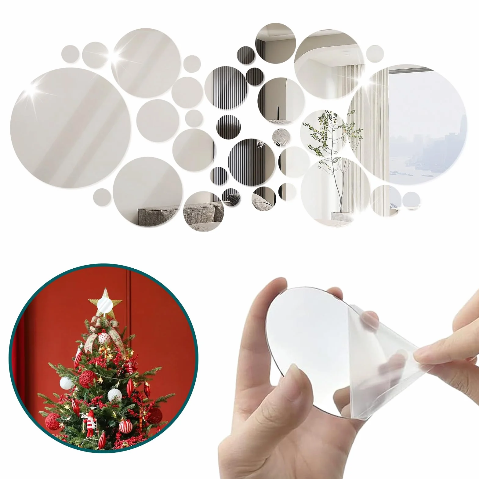 32 sztuki naklejki ścienne na lustro, okrągłe naklejki na lustra 3D, akrylowa naklejka ścienna, zdejmowe DIY samoprzylepna dekoracja do łazienki, salonu, sypialni - srebrny