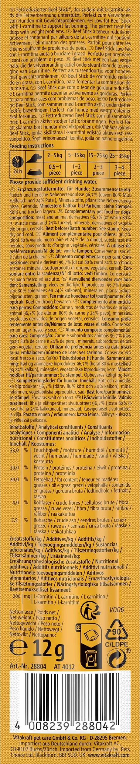 Vitakraft Beef Stick Low Fat Quadros Przysmak dla Psa, 12 gram