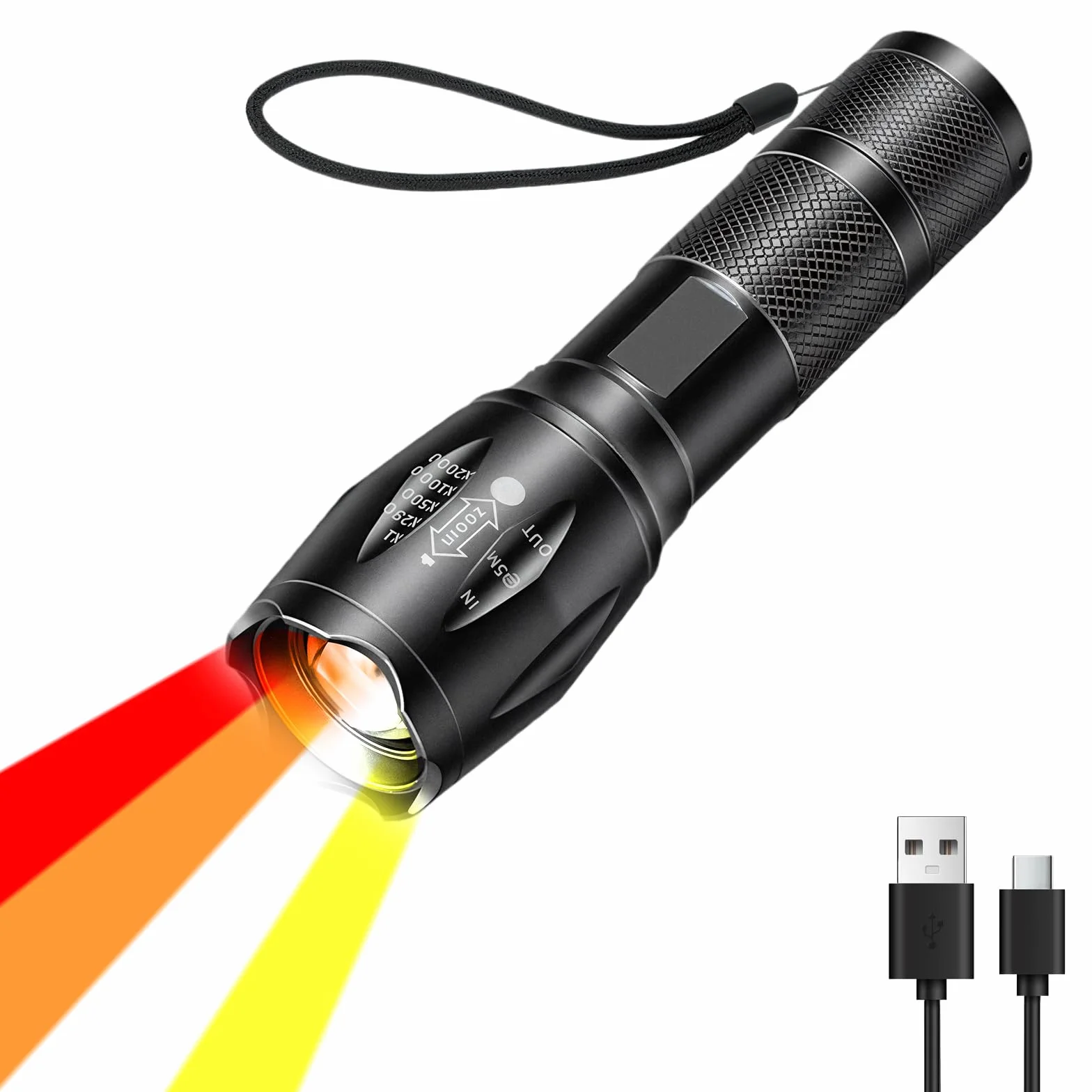 Latarka LED 4 w 1 Akumulatorowa Zoomable Wodoodporna Biała Czerwona Żółta Pomarańczowa