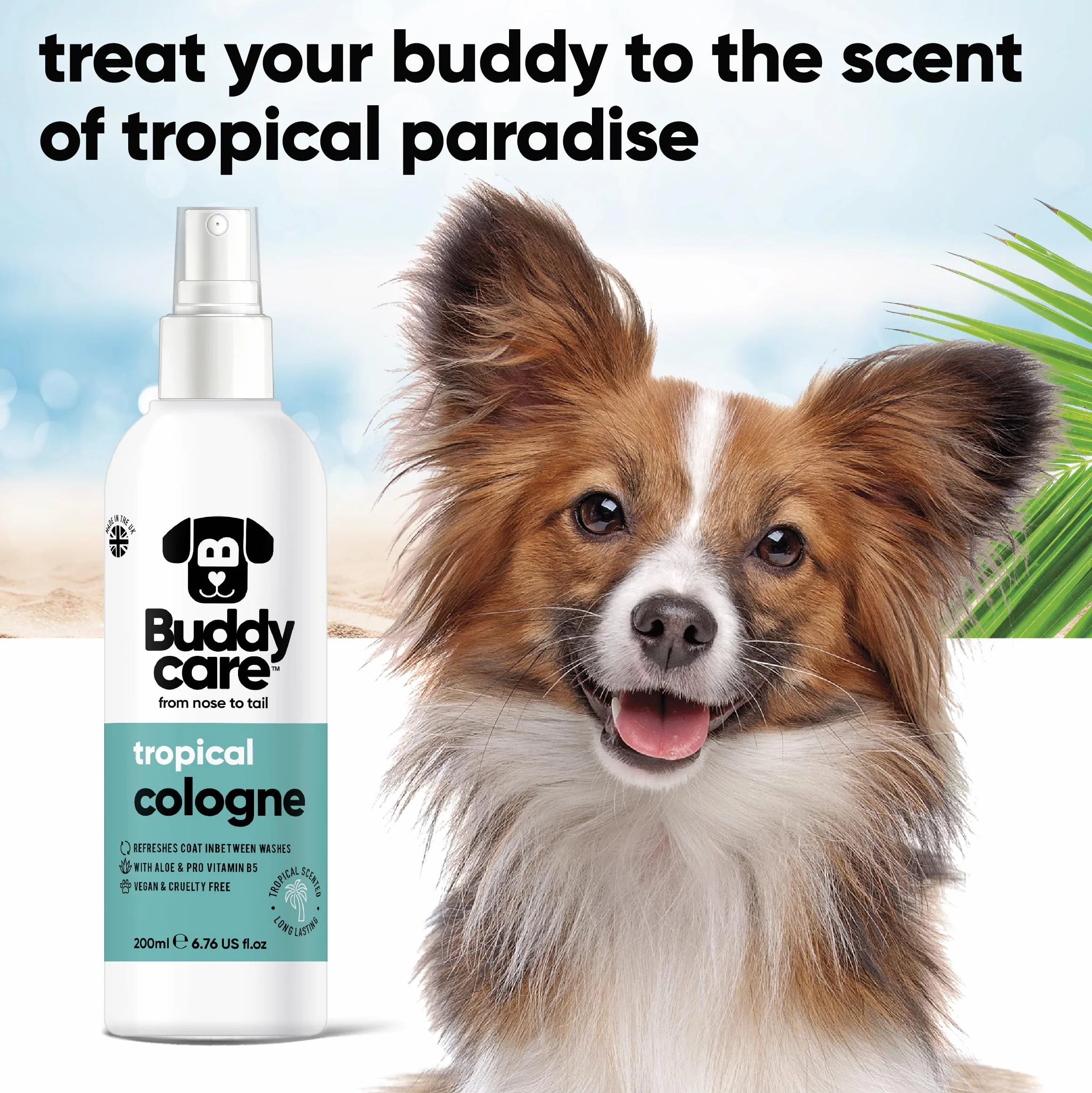 Buddycare Pies Coloński – Tropical – odświeżające i pachnące tropikalne perfumy dla psów – odświeżone pomiędzy myciem psa (200 ml, 1 sztuka)