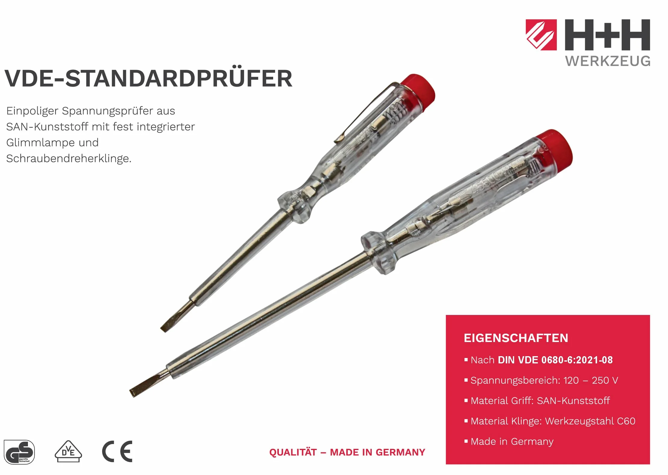 H + H Werkzeug 45200 45500 VDE 45200/45500 tester napięcia/tester fazowy, zestaw do 250 V, 2-częściowy atest GS 0680, Made in Germany, przezroczysty/czerwony, 140 mm/190 mm