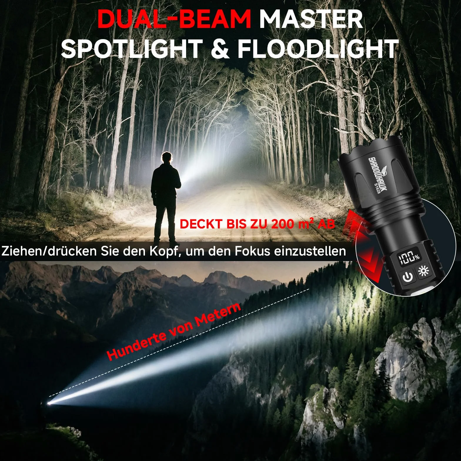 Shadowhawk Latarka LED USB ładowana na baterie