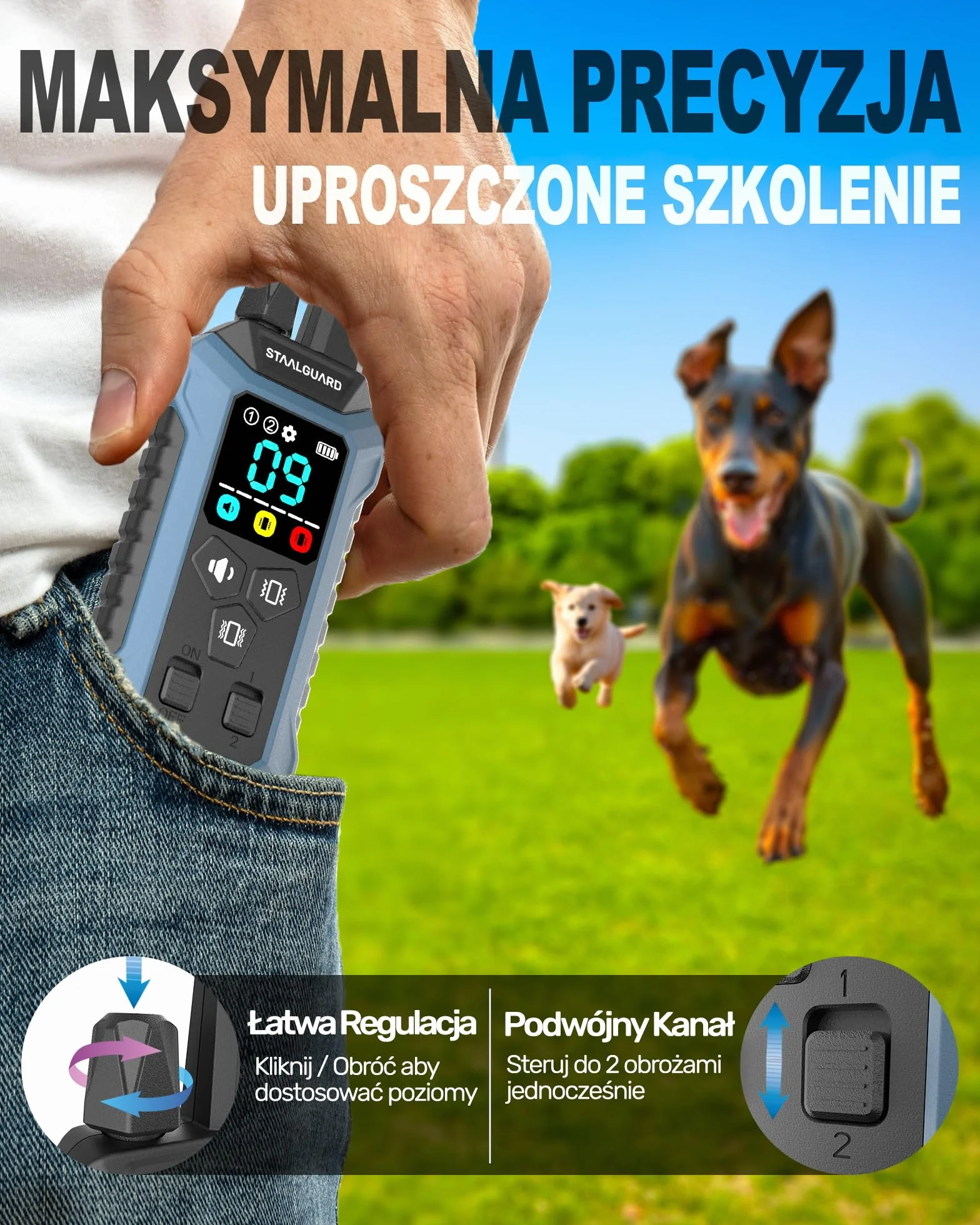 Obroża Treningowa dla Psów, Bez Wstrząsów, Tryby: Dźwięk, Wibracja, Boost, Zasięg 3 km, Kompaktowa, Ładowalna, Bateria na 30 Dni, Wodoodporna IP67, Dla Psów Wszystkich Rozmiarów