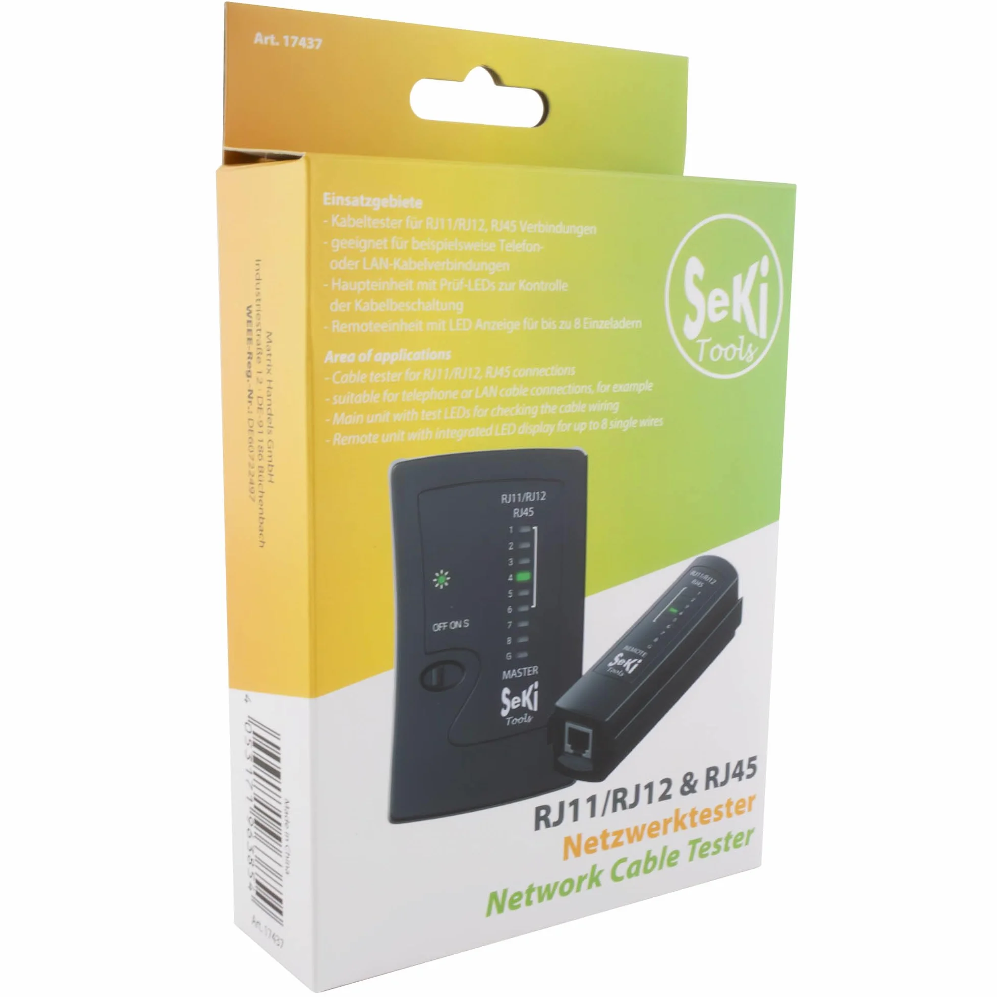 SeKi Tester sieci do RJ11, RJ12, RJ45, kabel neodymowy, ISDN LAN, kabel krosowy, tester przewodów, tester kabli, czarny do testowania i sprawdzania sieci LAN i kabli krosowych