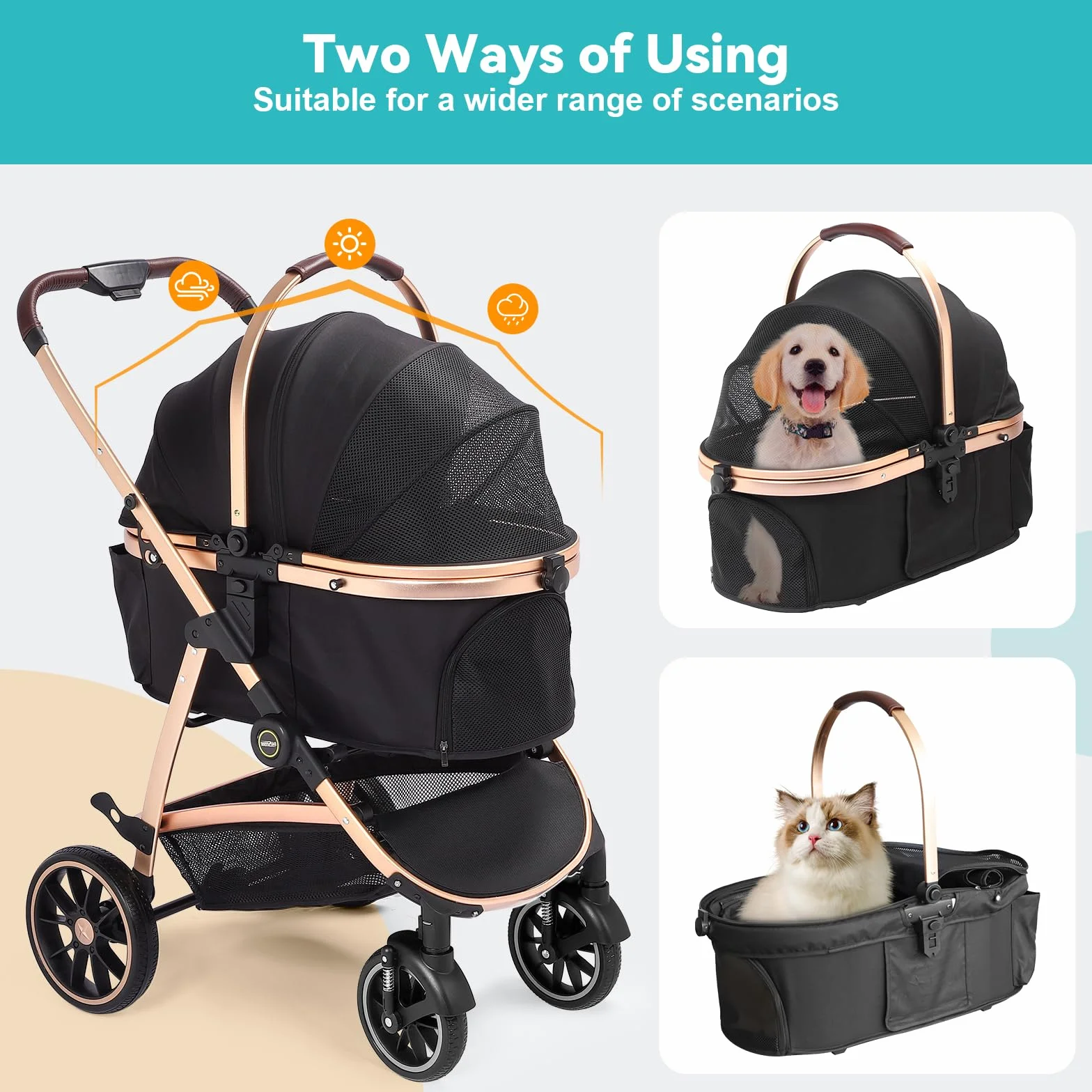 Wózek dla psa 3 w 1 do 25 KG, z możliwością klapcia,Opony gumowe 360°obracające się 100% Aluminium anodowane ramię, jest złożony,Odpowiedni dla małych i średnich psów,a także kotów
