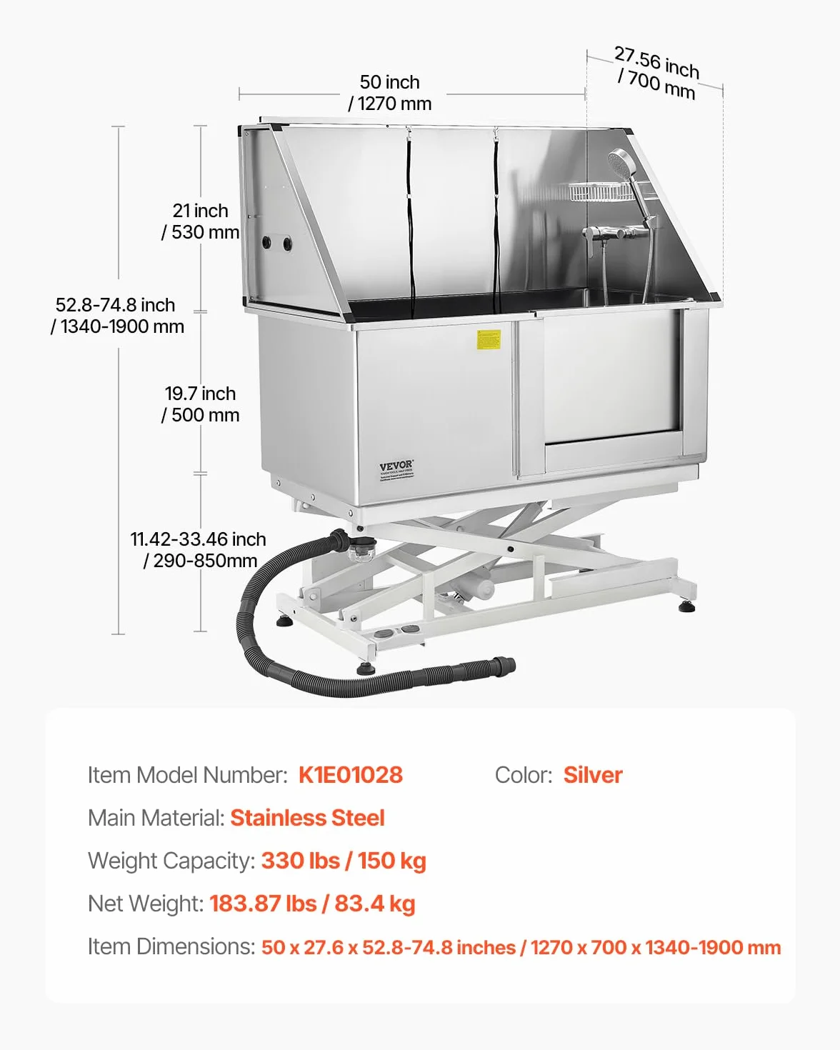 VEVOR Elektryczna stacja do mycia psów, wanna do pielęgnacji zwierząt ze stali nierdzewnej 127 cm panel filtra wody, dla wielu zwierząt domowych, drzwi prawe