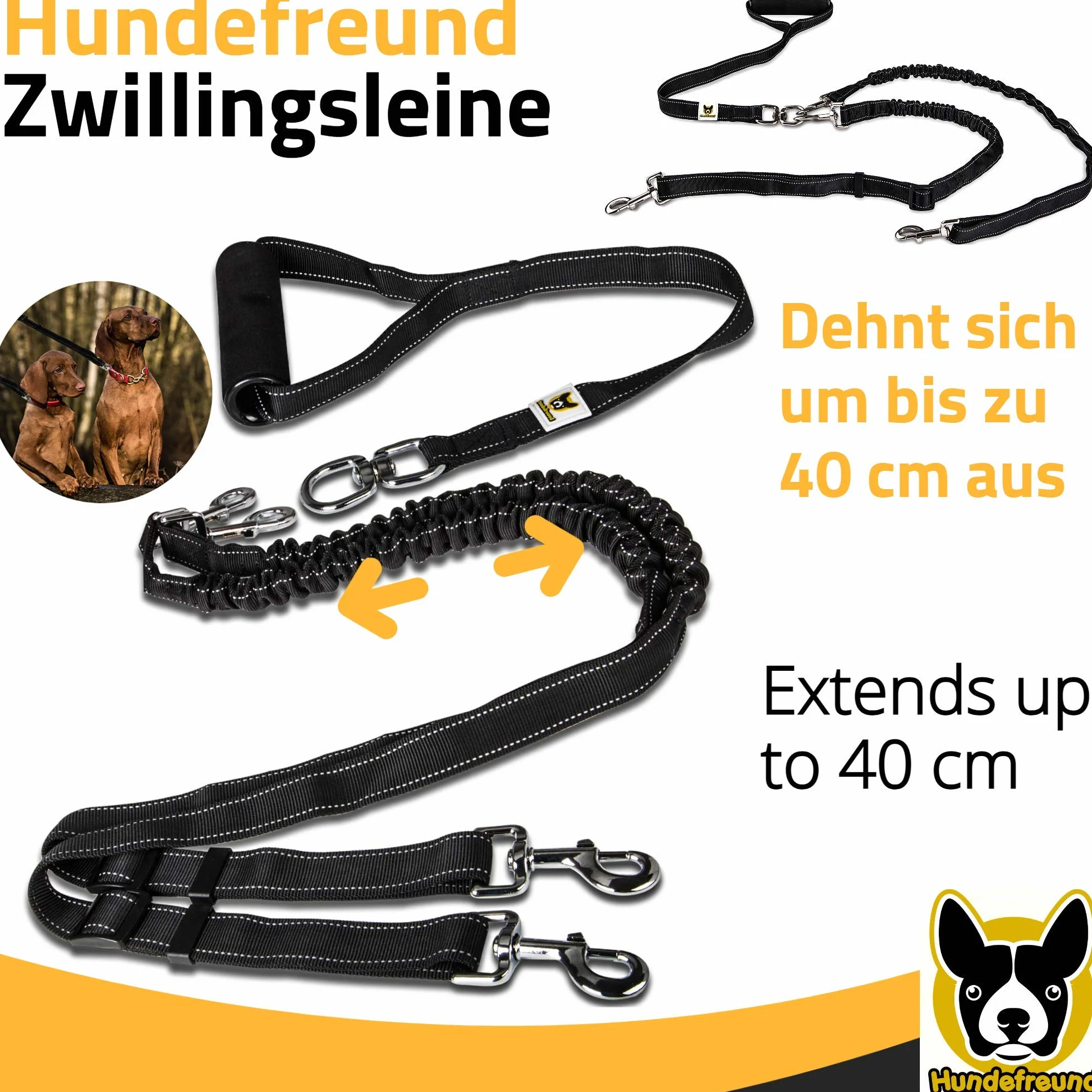 Smycz podwójna - smycz dla 2 dużych psów od 20 kg - podwójna smycz rozciągliwa, odblaskowa od 150 do 220 cm, z miękkim uchwytem