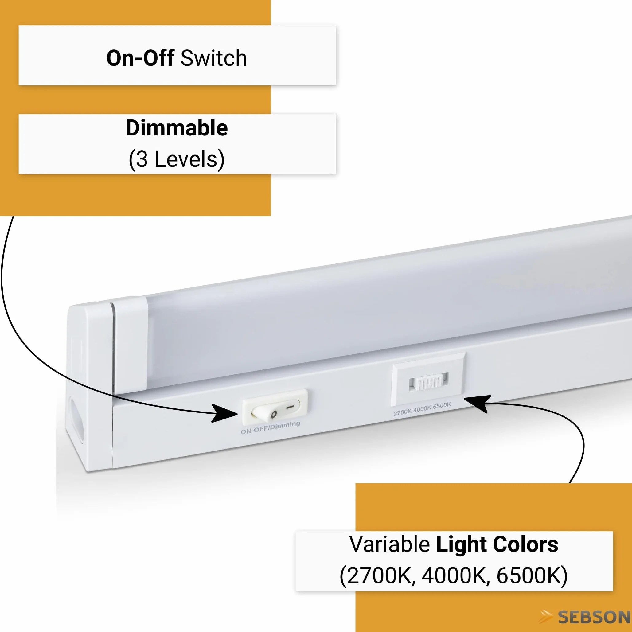 SEBSON Lampa podszafkowa LED do kuchni, 30 cm, możliwość ściemniania, 3 kolory światła 2700 K/4000 K/6500 K, wychylna, przełącznik i wtyczka 230 V, listwa świetlna z możliwością przedłużenia