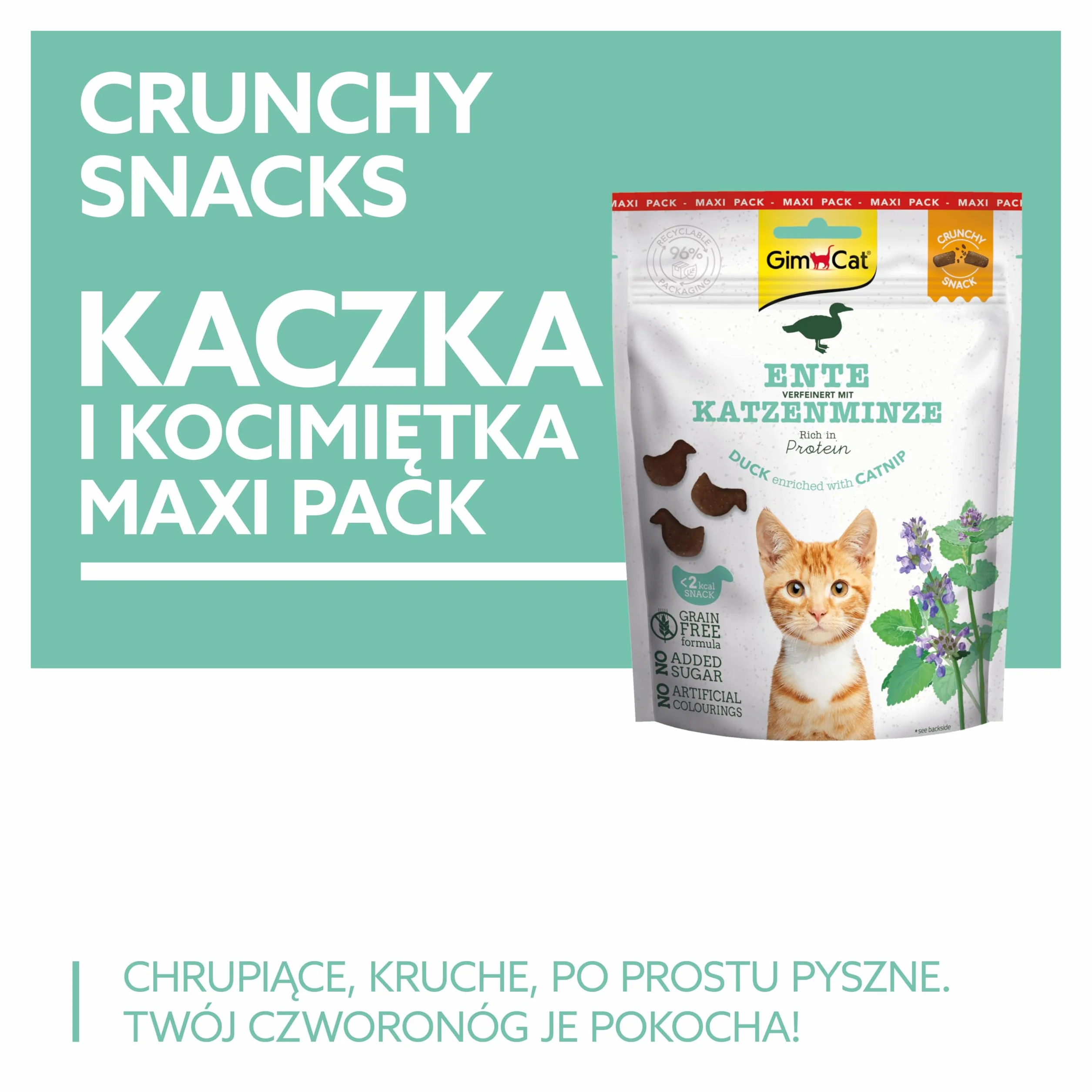 GimCat Crunchy Snacks Kaczka z kocimiętką – chrupiące i bogate w białko przysmaki dla kota – 1 worek (1 x 140 g)