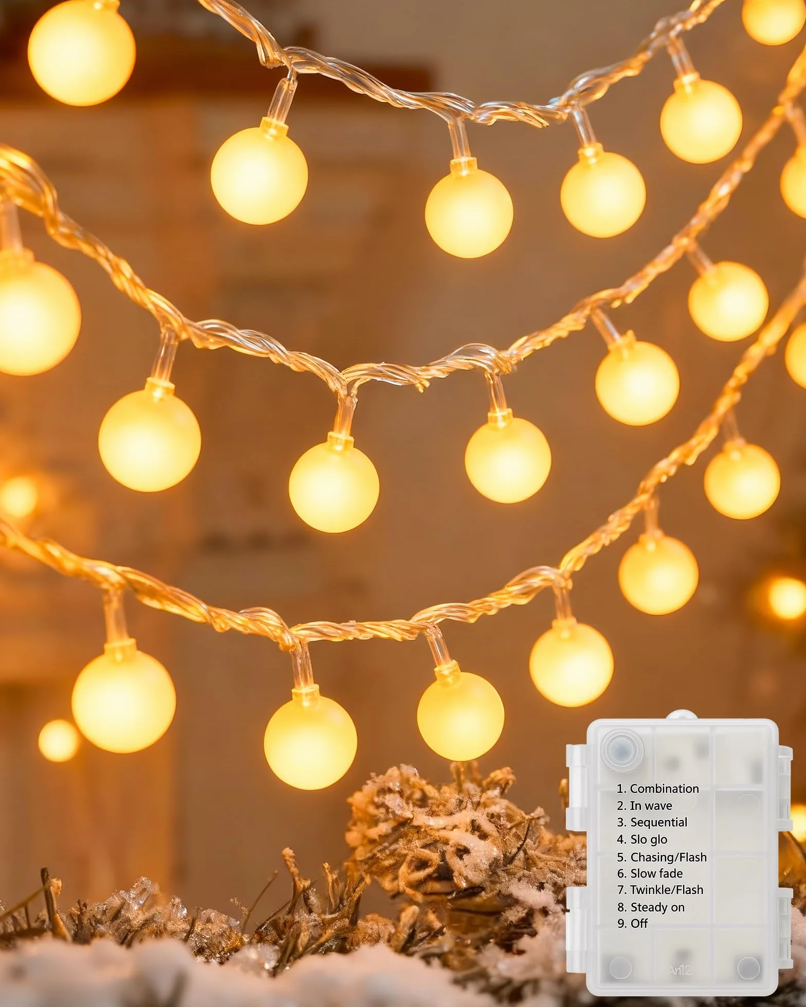 Łańcuch świetlny LED Globe na zewnątrz, 6 m, 40 kulek, zasilany bateriami, 8 trybów zmiany światła, IP65, wodoszczelne kule do sypialni, na balkon, do pokoju dziecięcego, dekoracja choinki, ciepła