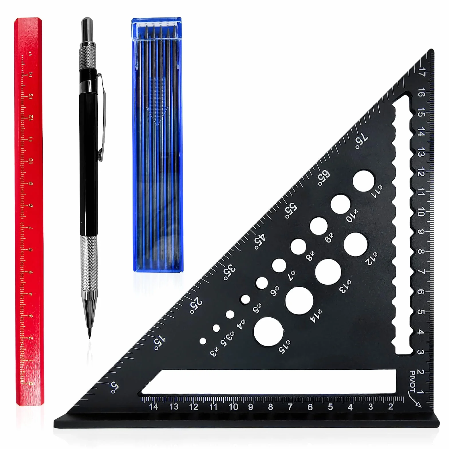 Wielofunkcyjny kątomierz stolarski 180 mm, zestaw ołówków stolarskich, kąt metalowy 45, 90 stopni, do obróbki drewna (czarny + zestaw ołówków stolarskich)