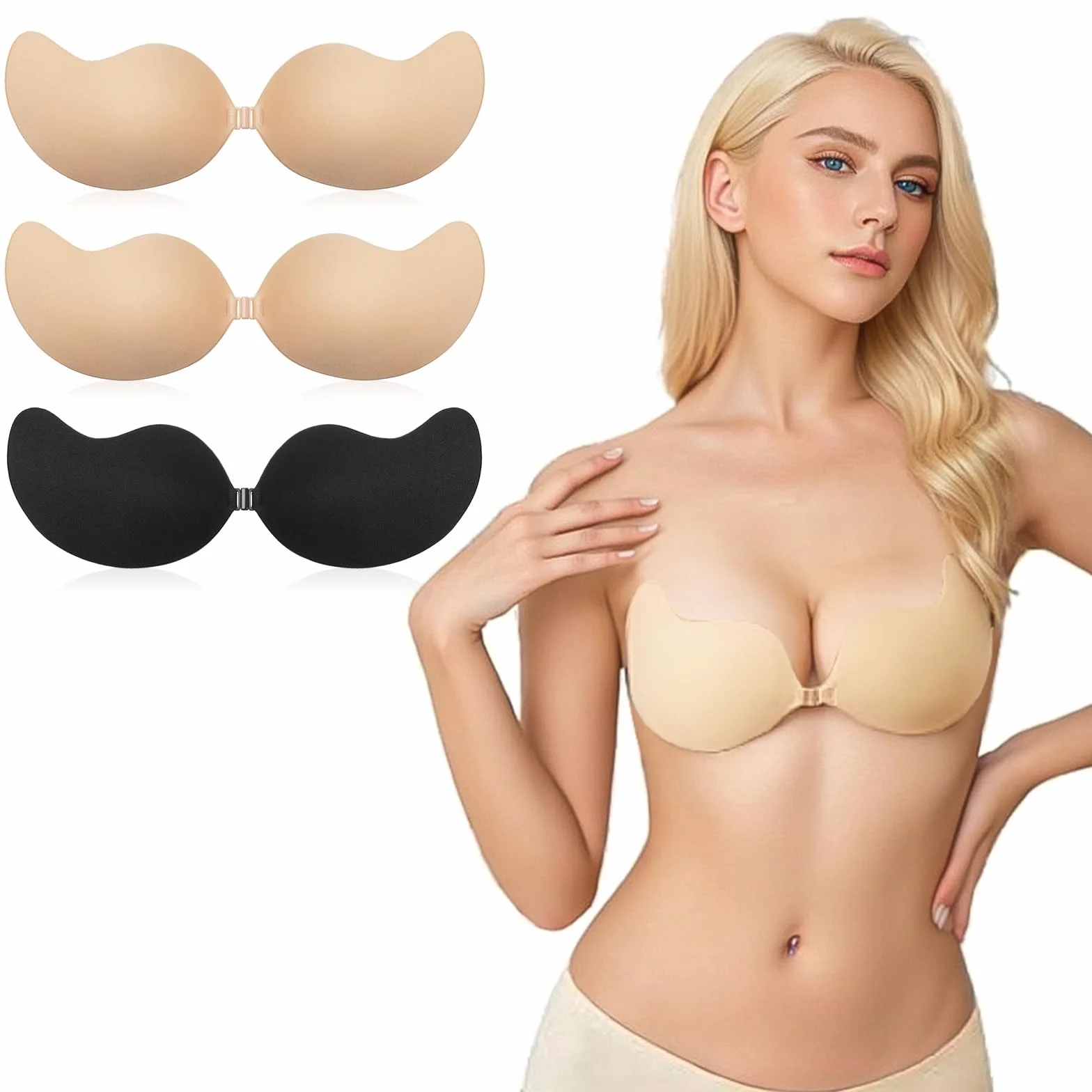 flintronic Klejony biustonosz push-up, biustonosz bez ramiączek, wielokrotnego użytku, niewidoczny silikonowy biustonosz bez pleców, przyjazny dla skóry, niewidoczny biustonosz do sukni wieczorowej,