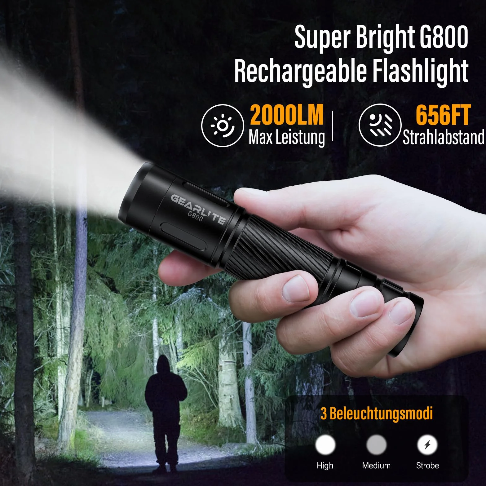 Latarka LED Taktyczna GEARLITE 2200 Lumenów IP65 Ładowana Zoom 3 Tryby